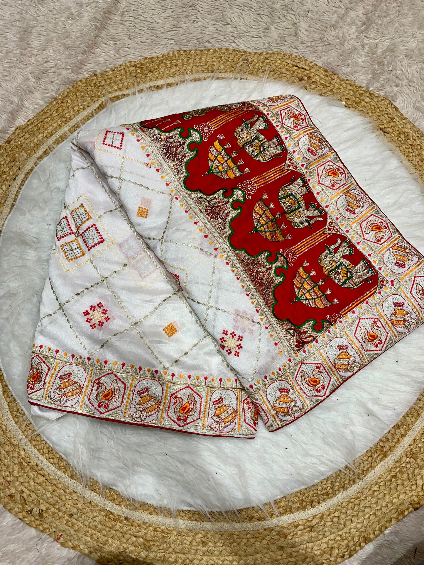BS-SOUMYA VICHITRA SILK WITH GHARCHOLA DESIGN WITH HEAVY PALLU WITH DIAMOND WORK ALL OVER WITH TASSELS