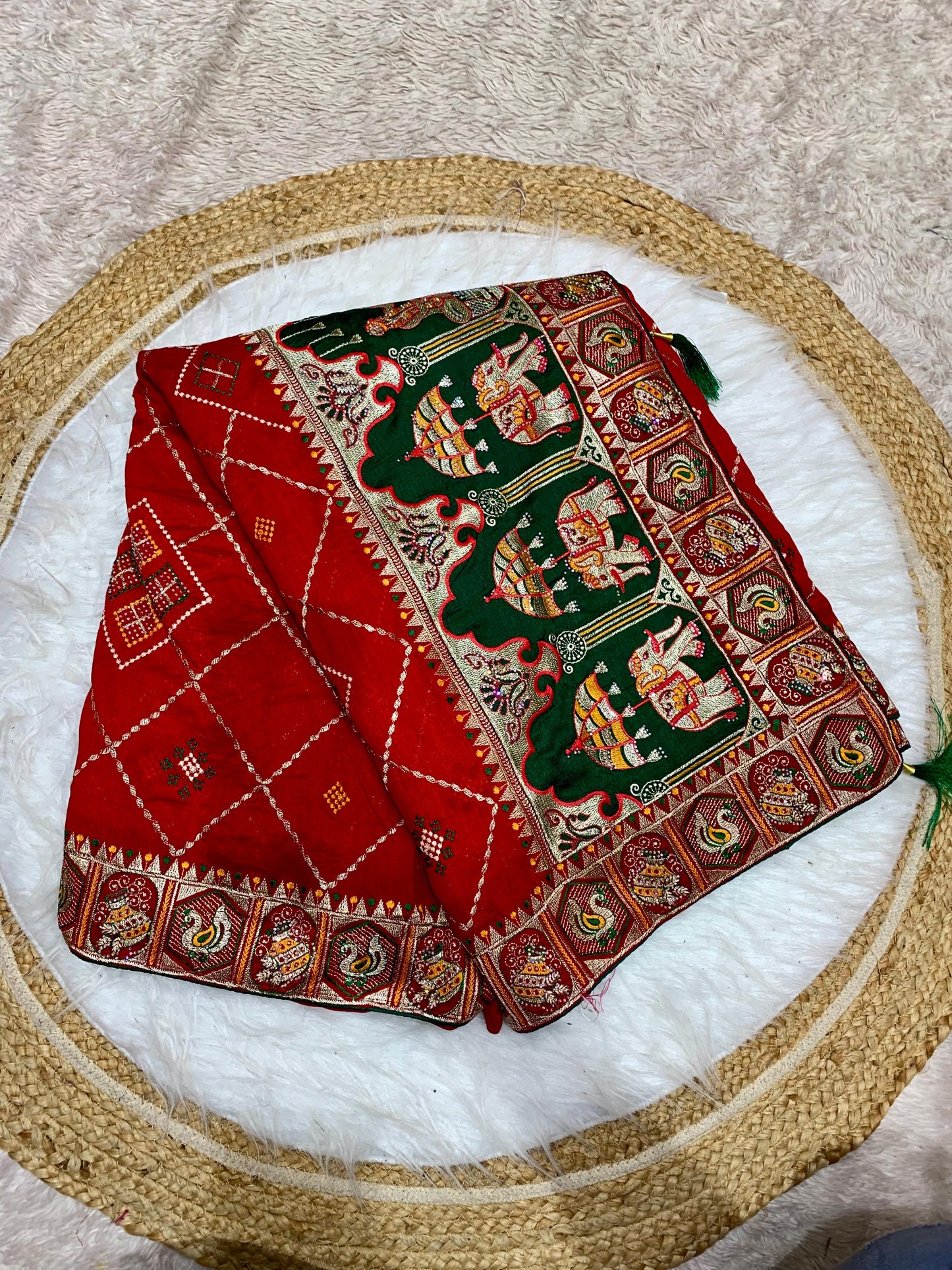 BS-SOUMYA VICHITRA SILK WITH GHARCHOLA DESIGN WITH HEAVY PALLU WITH DIAMOND WORK ALL OVER WITH TASSELS