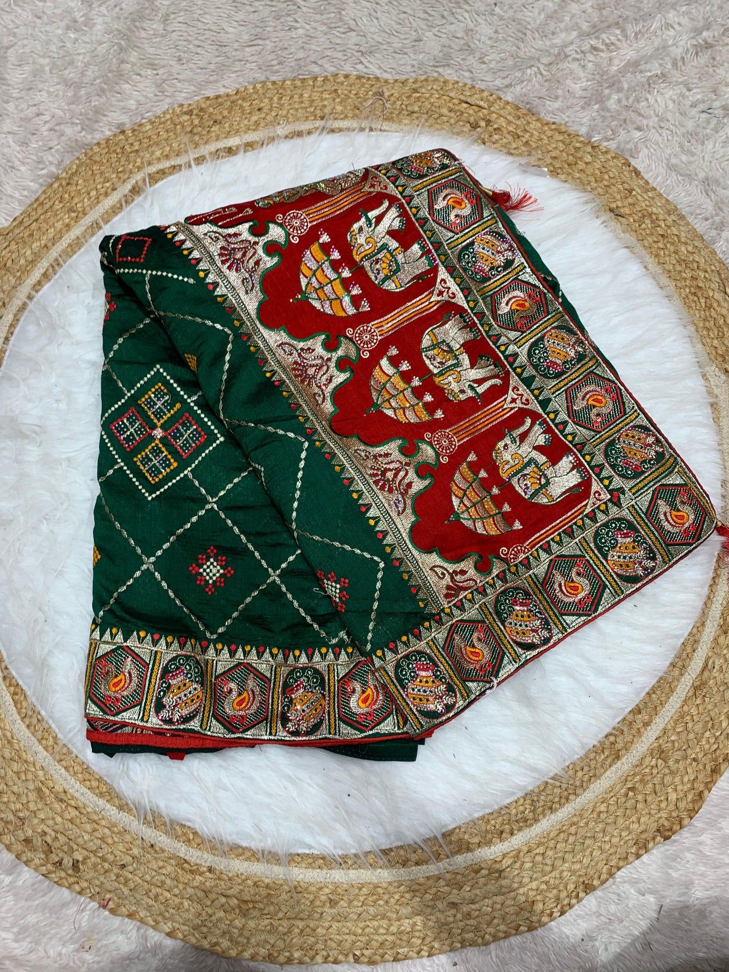 BS-SOUMYA VICHITRA SILK WITH GHARCHOLA DESIGN WITH HEAVY PALLU WITH DIAMOND WORK ALL OVER WITH TASSELS