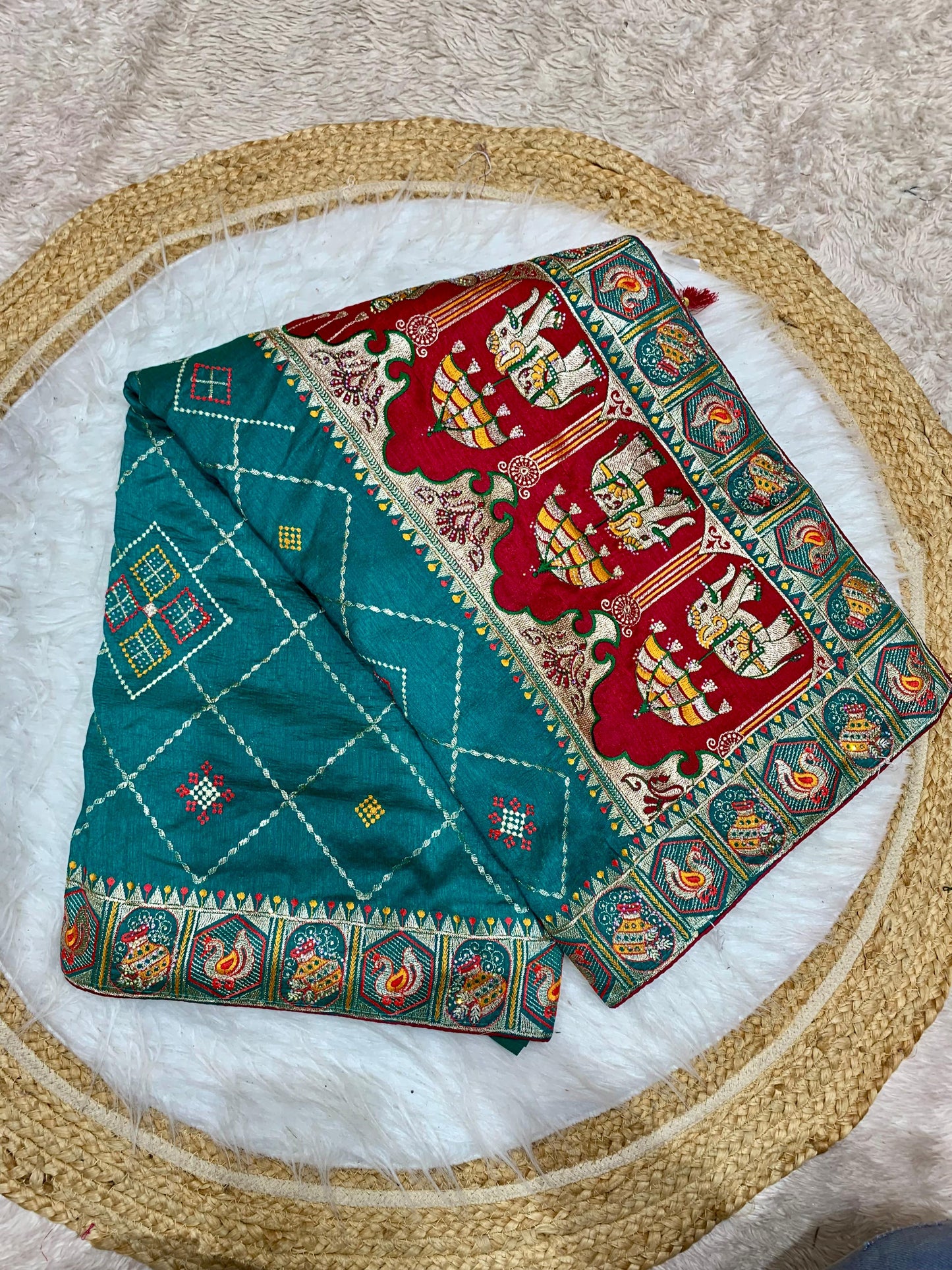 BS-SOUMYA VICHITRA SILK WITH GHARCHOLA DESIGN WITH HEAVY PALLU WITH DIAMOND WORK ALL OVER WITH TASSELS