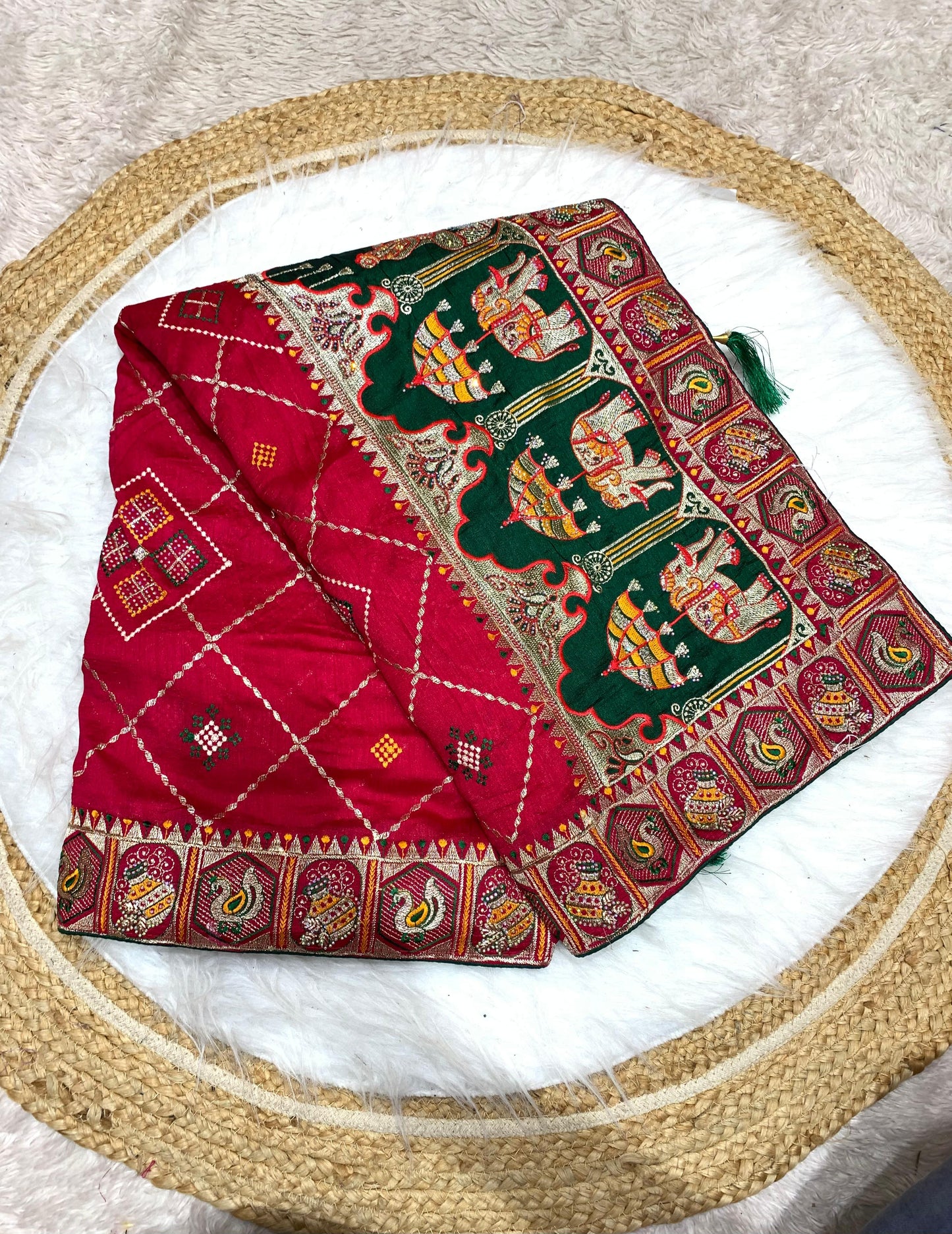 BS-SOUMYA VICHITRA SILK WITH GHARCHOLA DESIGN WITH HEAVY PALLU WITH DIAMOND WORK ALL OVER WITH TASSELS