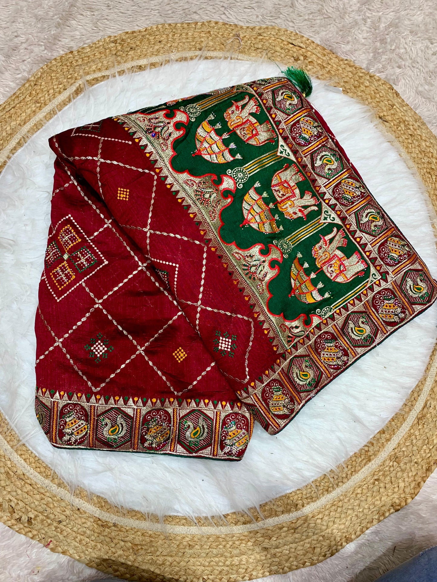 BS-SOUMYA VICHITRA SILK WITH GHARCHOLA DESIGN WITH HEAVY PALLU WITH DIAMOND WORK ALL OVER WITH TASSELS