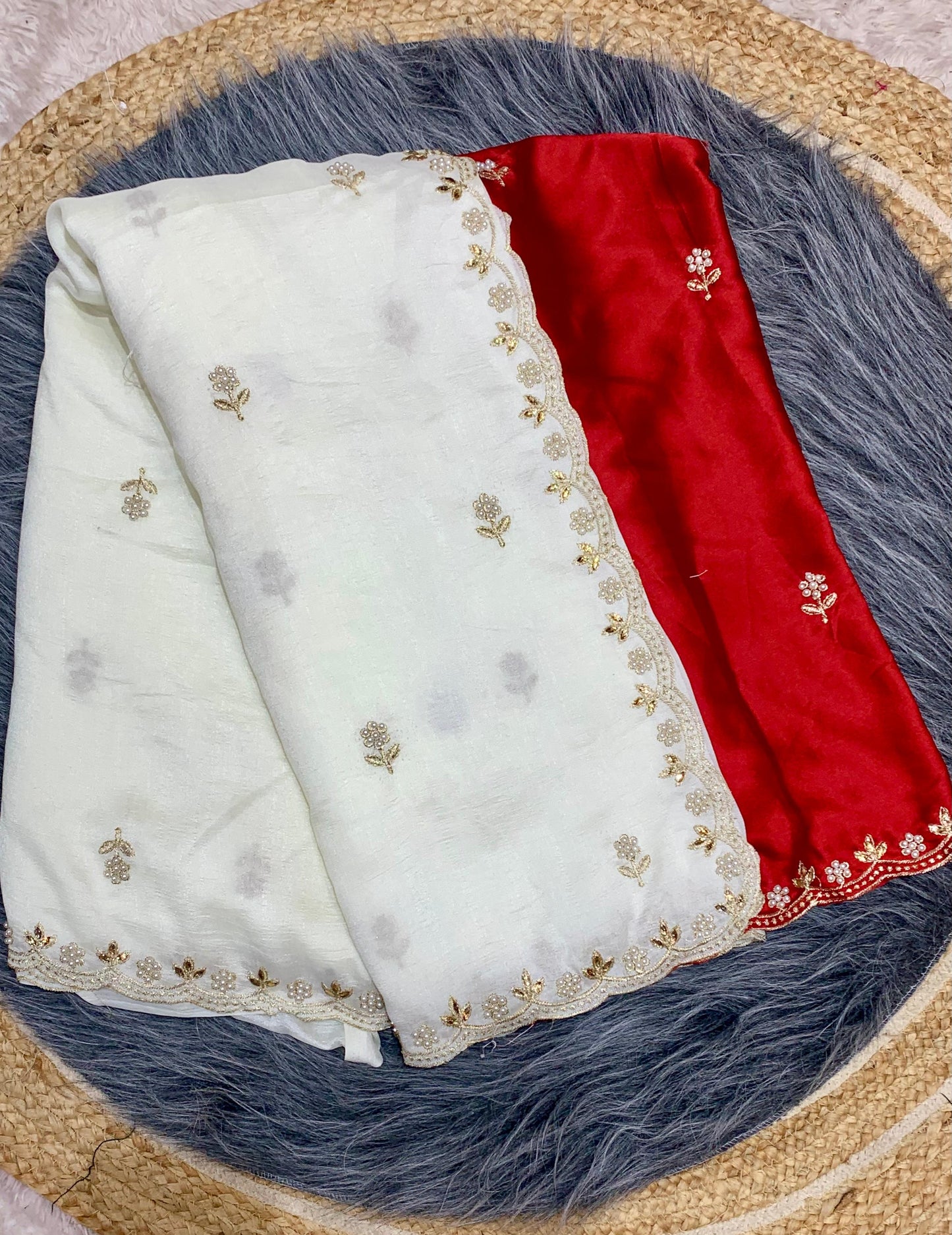 DF-DURGA-PUJA VICHITRA saree with elegant scalap embroidery work with blouse Crunchy silk embroidery blouse work