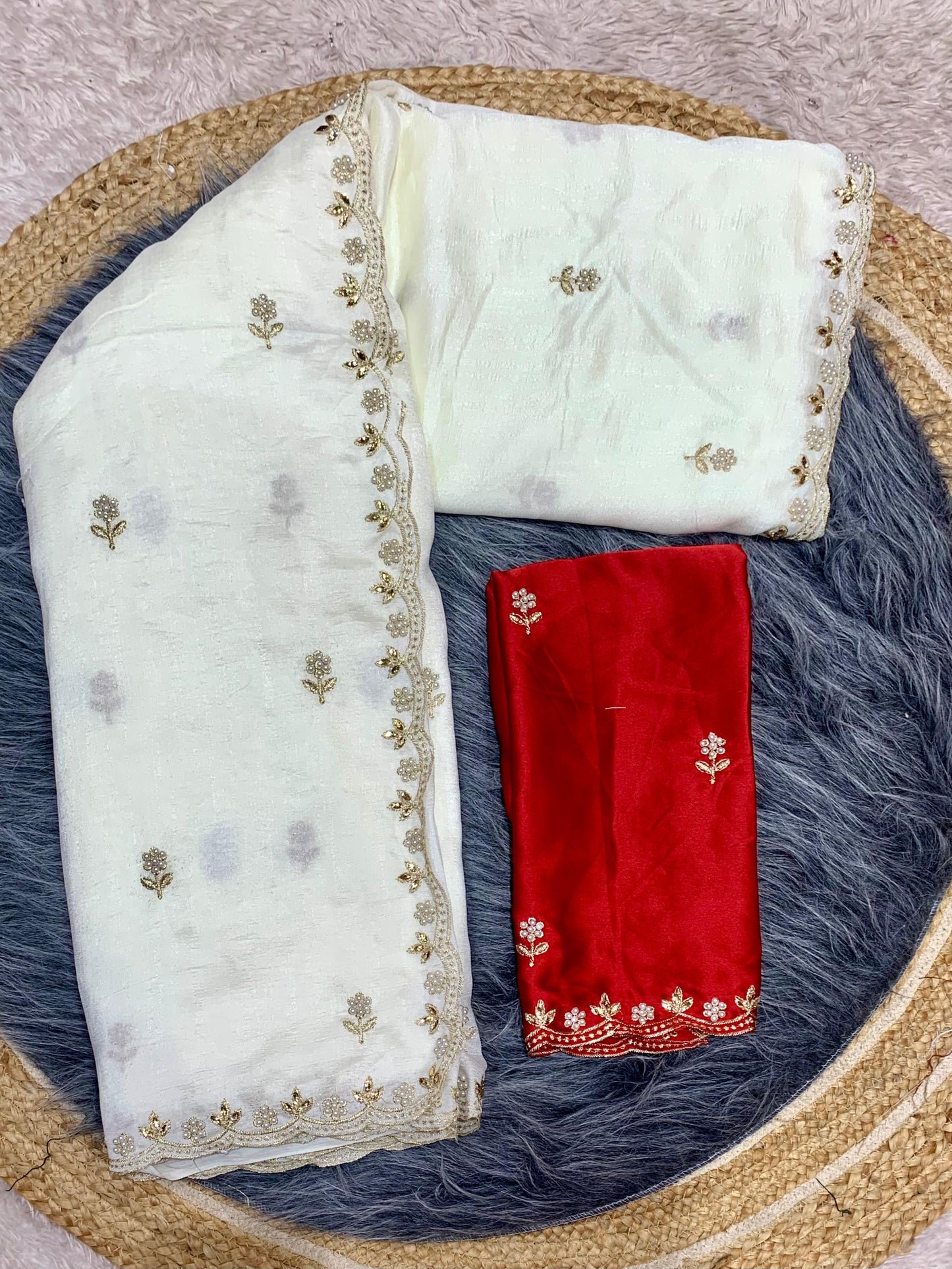 DF-DURGA-PUJA VICHITRA saree with elegant scalap embroidery work with blouse Crunchy silk embroidery blouse work
