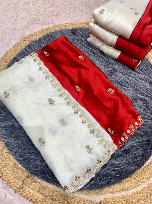DF-DURGA-PUJA VICHITRA saree with elegant scalap embroidery work with blouse Crunchy silk embroidery blouse work