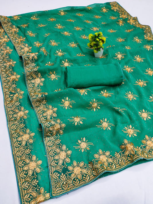 DF-DEEPA PREMIUM SIMMER SAREE WITH HEAVY EMBORIDERY WORK WITH SIROSKI