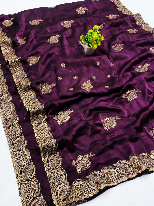 DF-KOHINOOR FENDI CHIFFON SAREE WITH JARAK AND BEAUTIFUL EMBORIDERY WORK ALL OVER WITH HEAVY BLOUSE