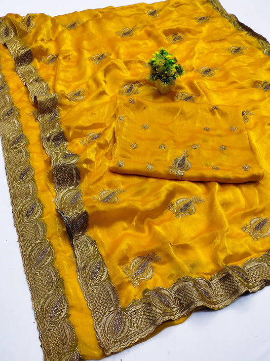 DF-KOHINOOR FENDI CHIFFON SAREE WITH JARAK AND BEAUTIFUL EMBORIDERY WORK ALL OVER WITH HEAVY BLOUSE