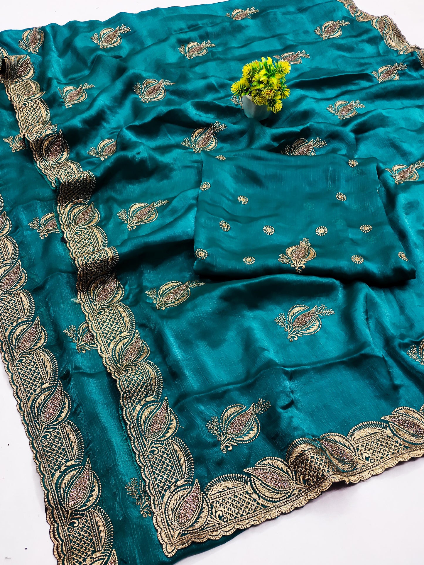DF-KOHINOOR FENDI CHIFFON SAREE WITH JARAK AND BEAUTIFUL EMBORIDERY WORK ALL OVER WITH HEAVY BLOUSE