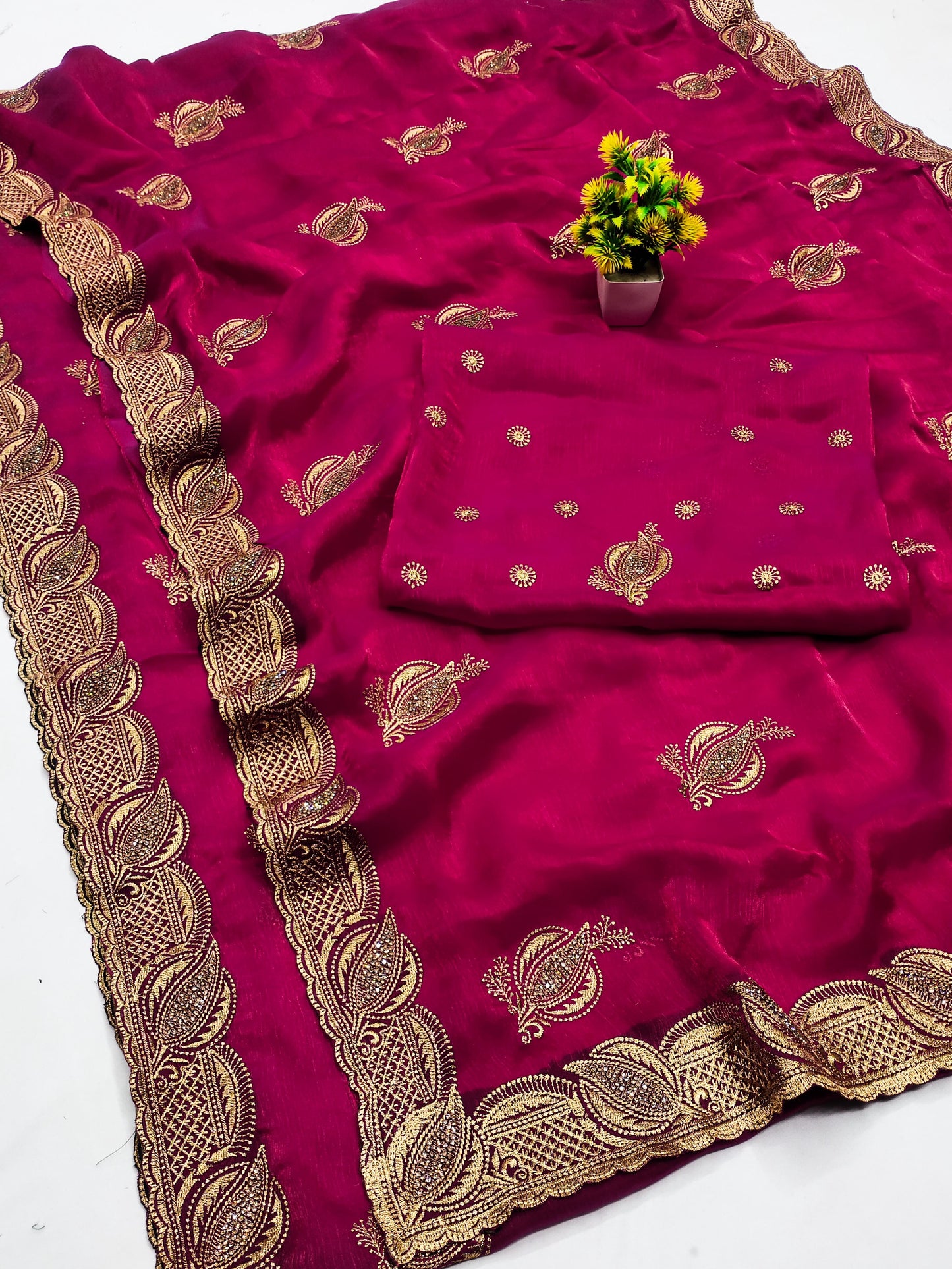 DF-KOHINOOR FENDI CHIFFON SAREE WITH JARAK AND BEAUTIFUL EMBORIDERY WORK ALL OVER WITH HEAVY BLOUSE