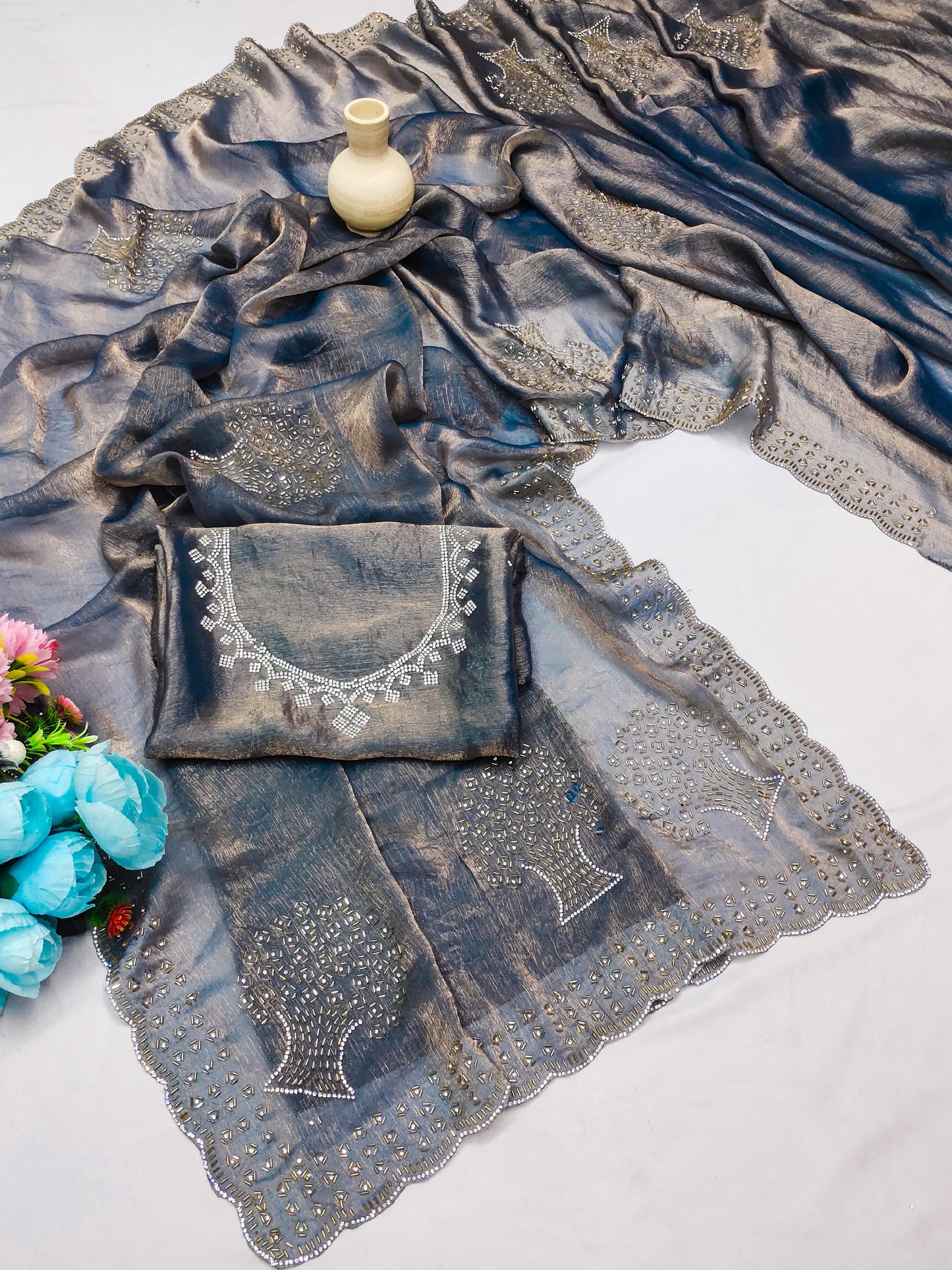 DF-CHANDNI PREMIUM FENDI CHIFFON SAREE WITH HANDWORK BEATS WORK WITH BEAUTIFUL TREE DESIGN
