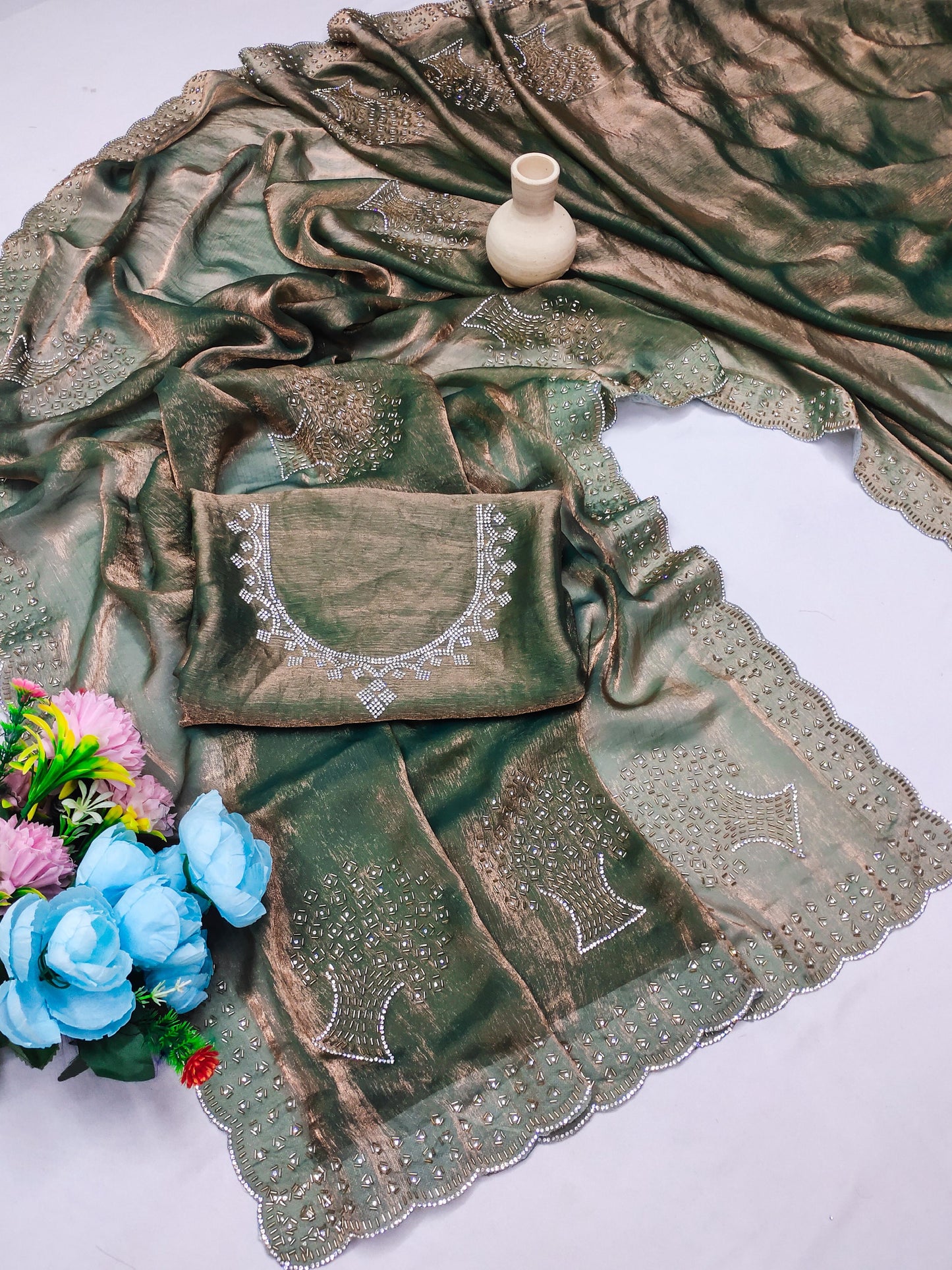 DF-CHANDNI PREMIUM FENDI CHIFFON SAREE WITH HANDWORK BEATS WORK WITH BEAUTIFUL TREE DESIGN