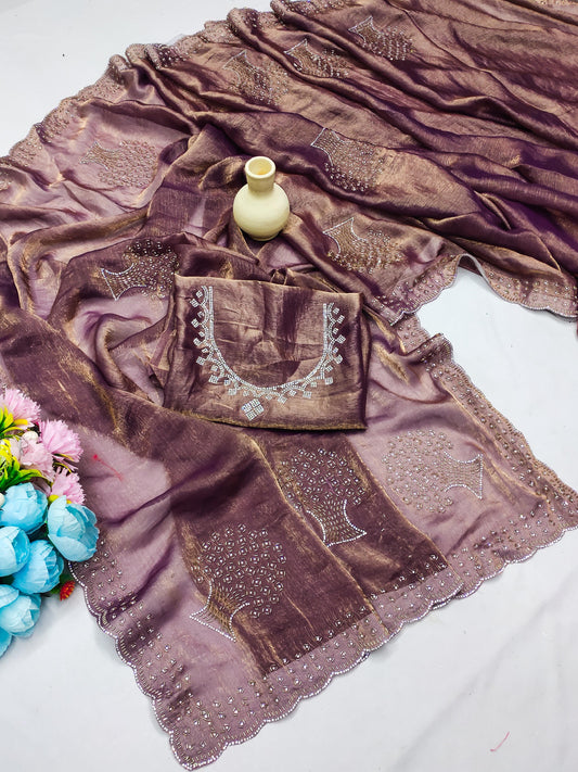 DF-CHANDNI PREMIUM FENDI CHIFFON SAREE WITH HANDWORK BEATS WORK WITH BEAUTIFUL TREE DESIGN