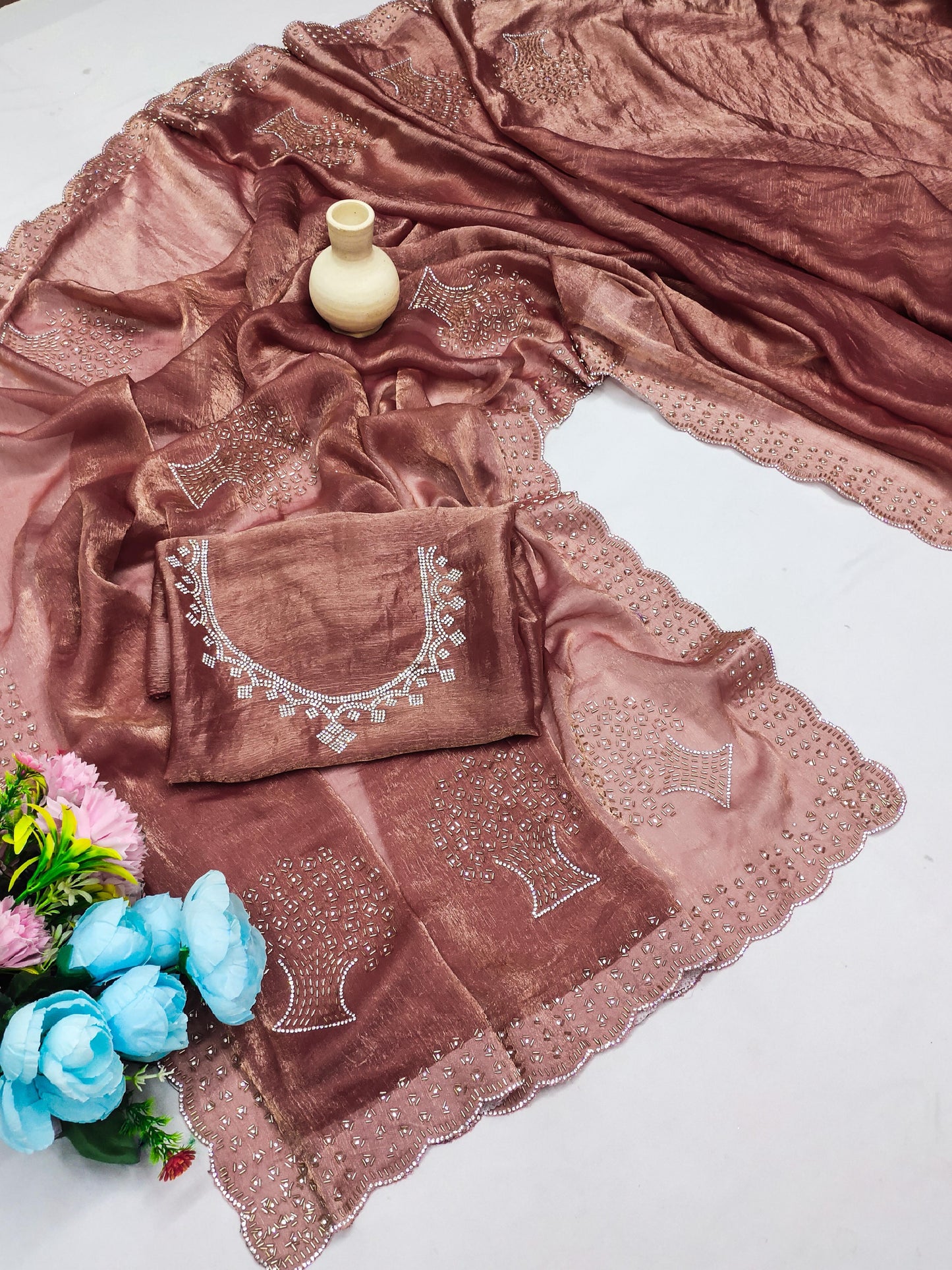 DF-CHANDNI PREMIUM FENDI CHIFFON SAREE WITH HANDWORK BEATS WORK WITH BEAUTIFUL TREE DESIGN