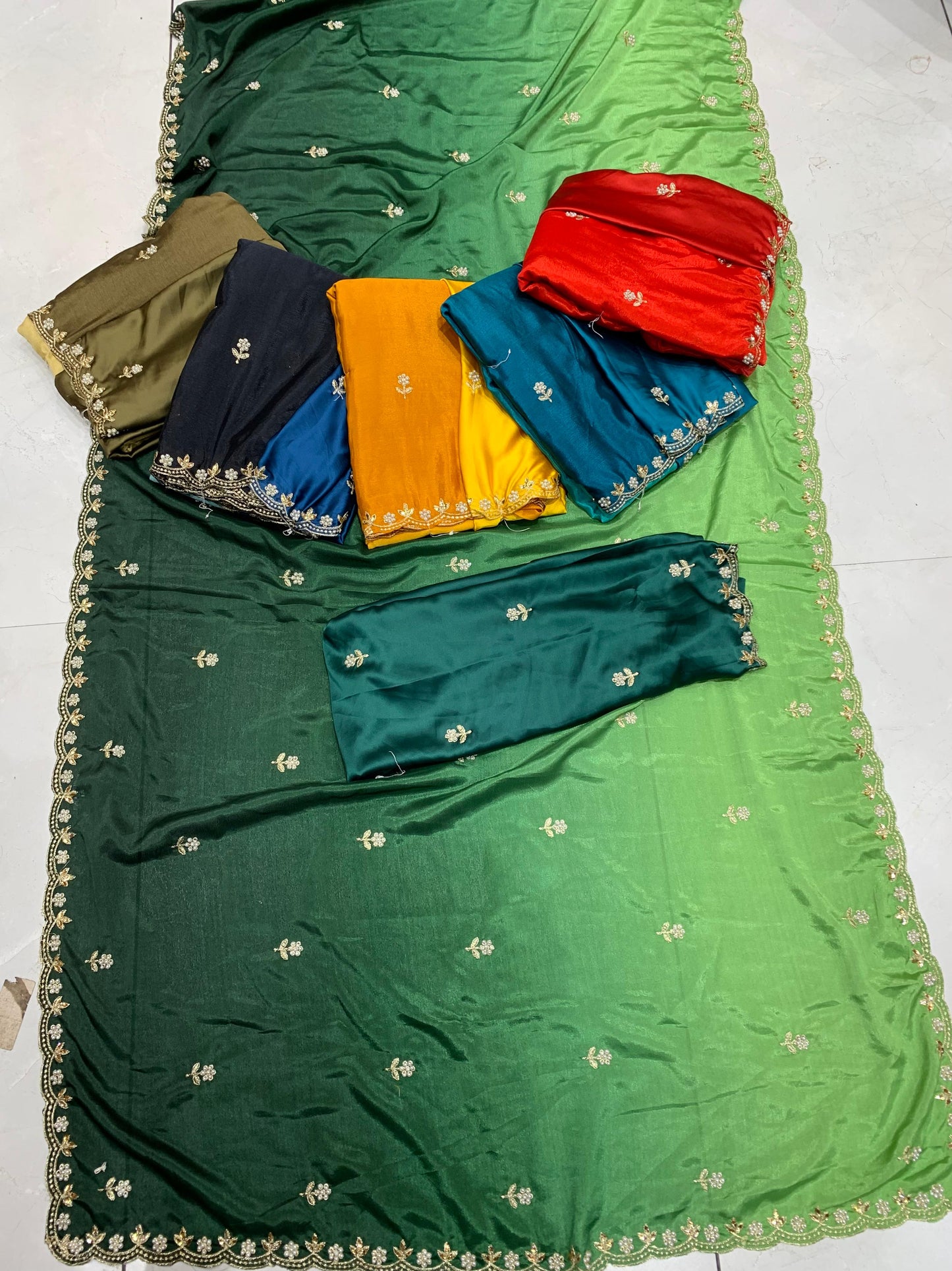 DF-PEARL ANJALI SAREE WITH PADDING COLOURS WITH MOTI AND MIRROR WORK WITH HEAVY SATIN BLOUSE