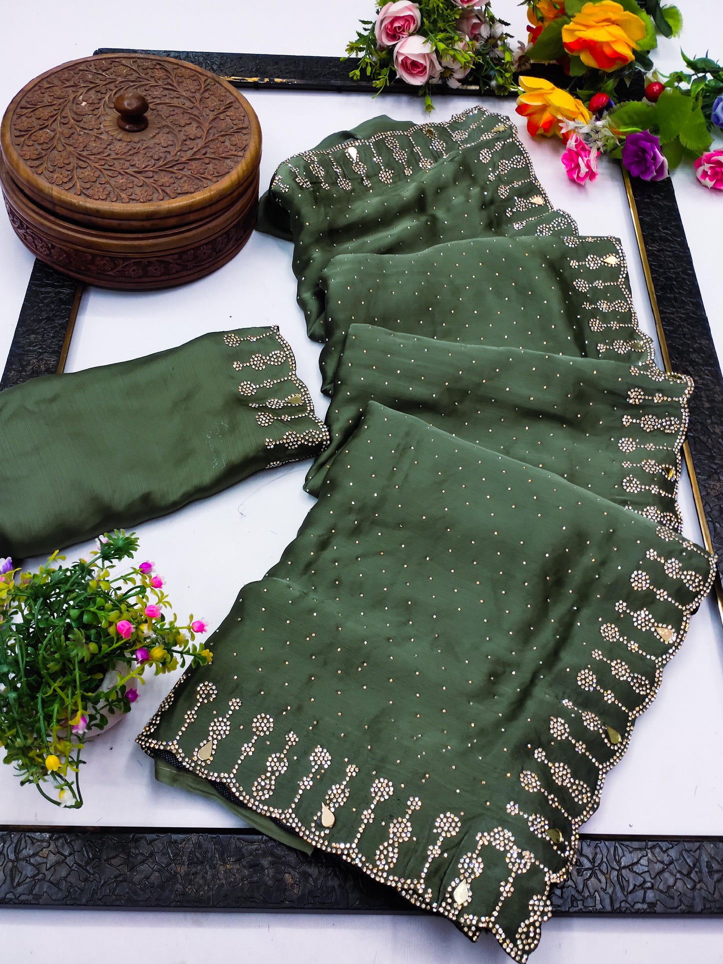 BS-KALASHREE PREMIUM SATIN SAREE WITH HEAVY REAL JARKAN WITH REAL MIRROR  WORK ALL OVER BOLLYWOOD SAREE