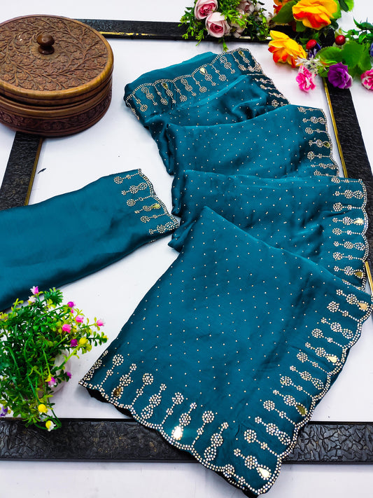 BS-KALASHREE PREMIUM SATIN SAREE WITH HEAVY REAL JARKAN WITH REAL MIRROR  WORK ALL OVER BOLLYWOOD SAREE