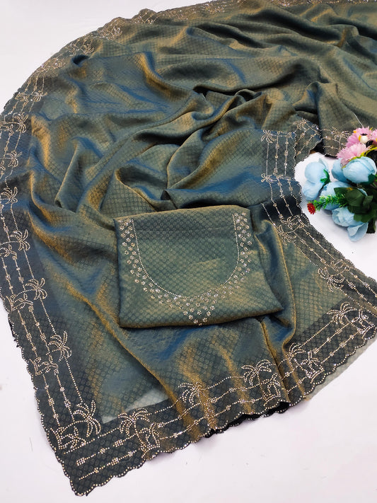 DF-GOA FANCY FENDI BUTTI SAREE WITH BEAUTIFUL TREE DESIGN JARKAN WORK ALL OVER WITH JARKAN BLOUSE