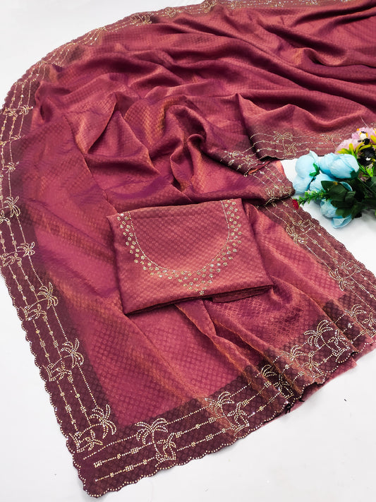 DF-GOA FANCY FENDI BUTTI SAREE WITH BEAUTIFUL TREE DESIGN JARKAN WORK ALL OVER WITH JARKAN BLOUSE