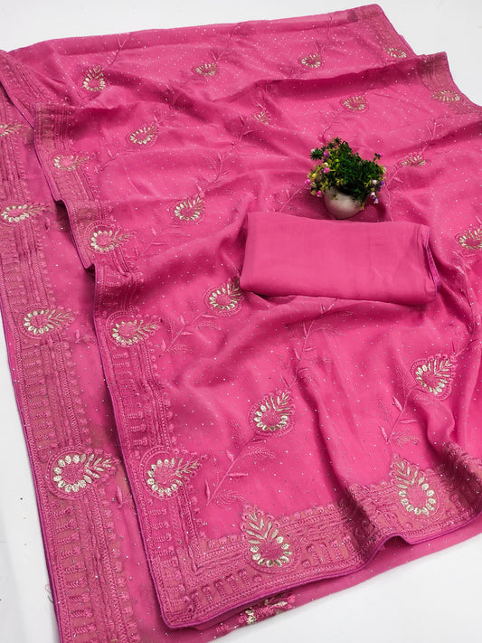 DF-BLACK-ROSE PREMIUM SIMMER SAREE WITH BEAUTIFUL THREAD WORK AND SIROSKI ALL OVER