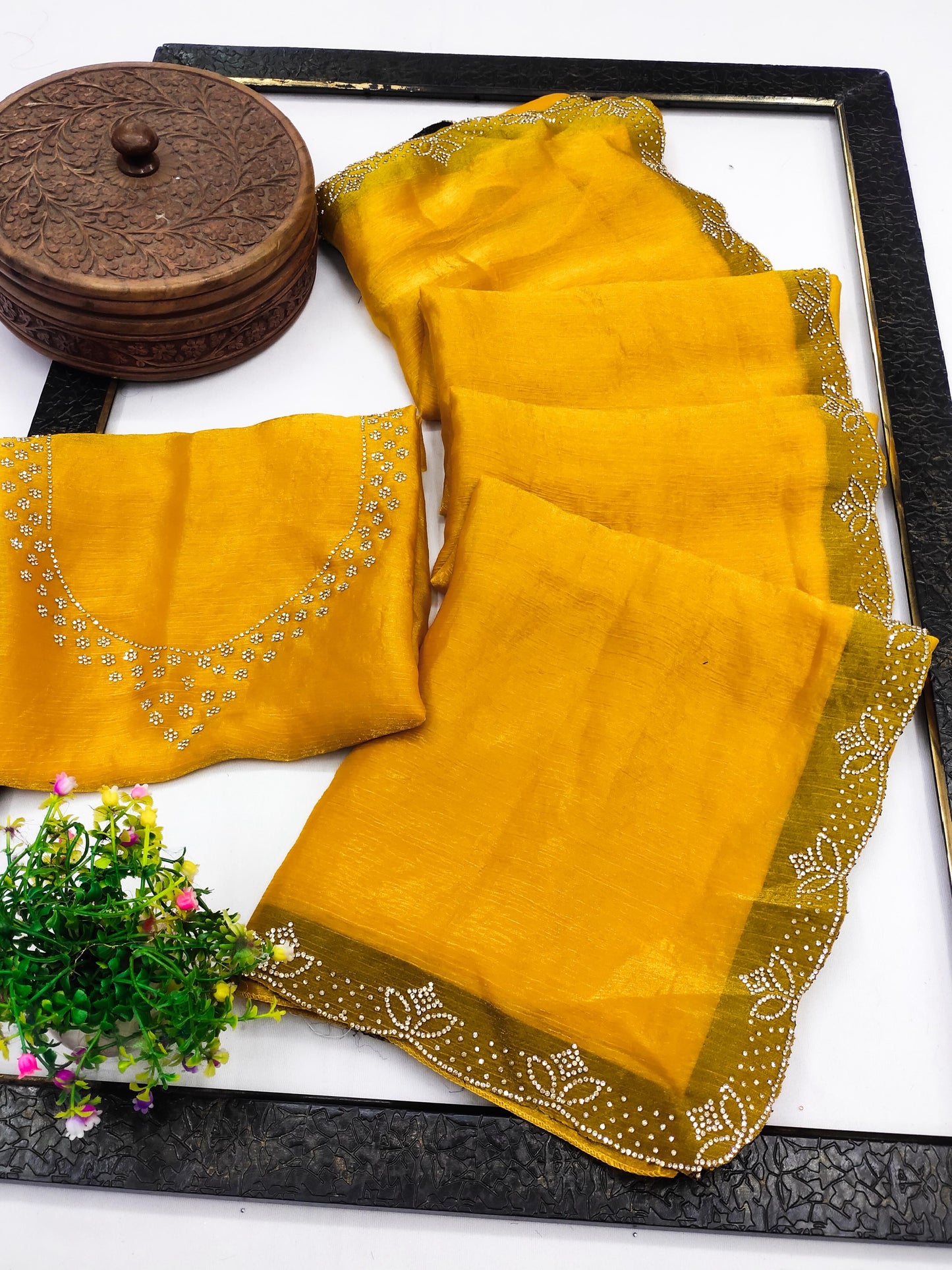 DF-TWINKAL FENDI CHIFFON SAREE WITH JARKAN WORK ALL OVER WITH HEAVY BLOUSE