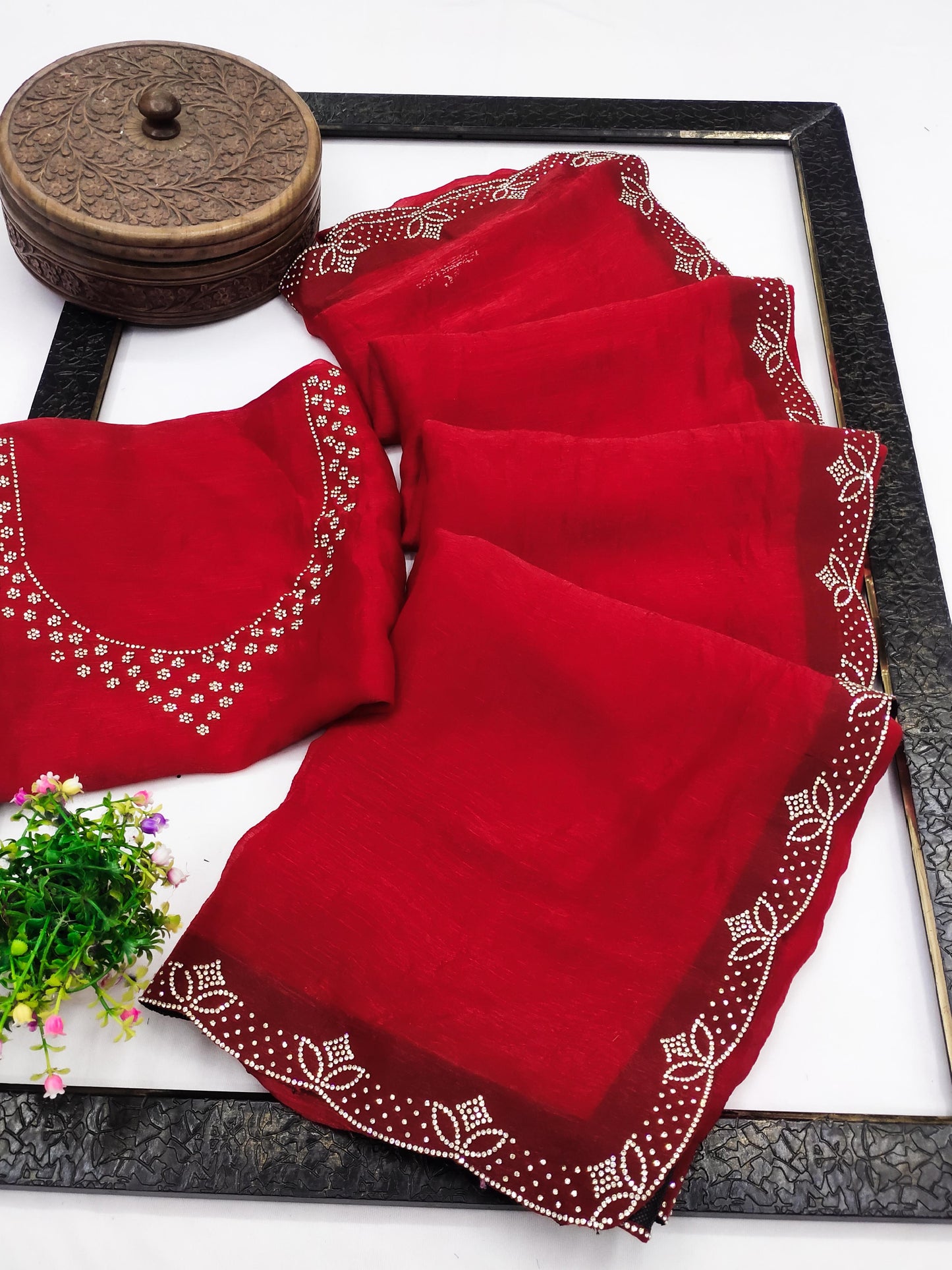 DF-TWINKAL FENDI CHIFFON SAREE WITH JARKAN WORK ALL OVER WITH HEAVY BLOUSE