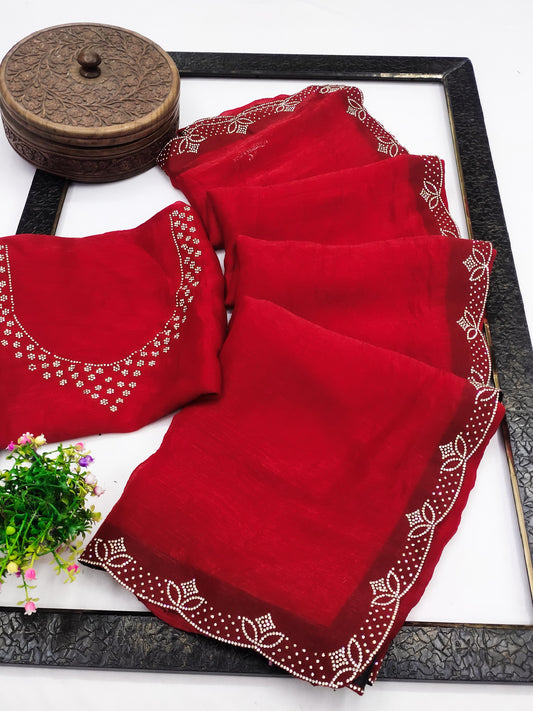 DF-TWINKAL FENDI CHIFFON SAREE WITH JARKAN WORK ALL OVER WITH HEAVY BLOUSE