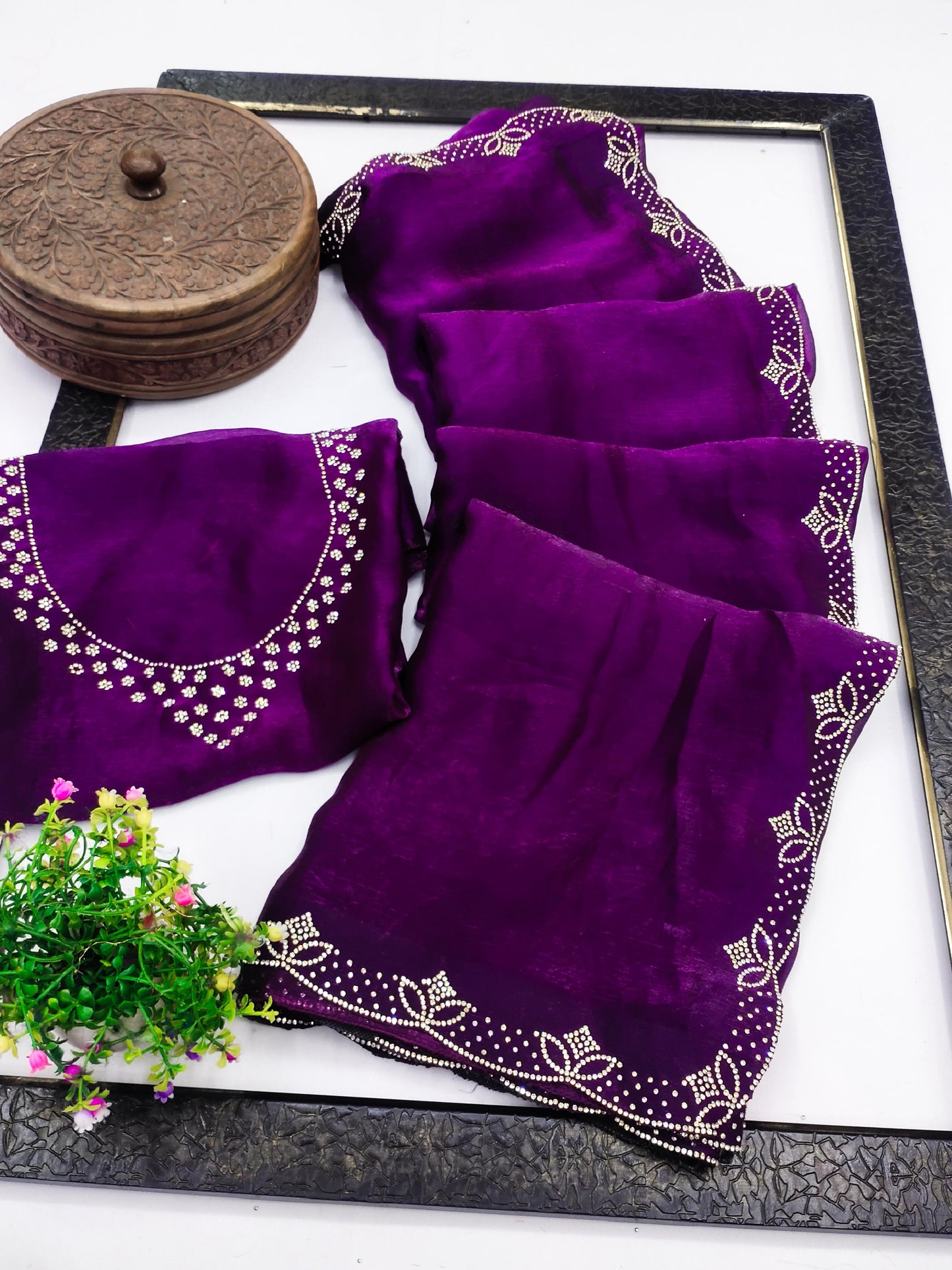 DF-TWINKAL FENDI CHIFFON SAREE WITH JARKAN WORK ALL OVER WITH HEAVY BLOUSE