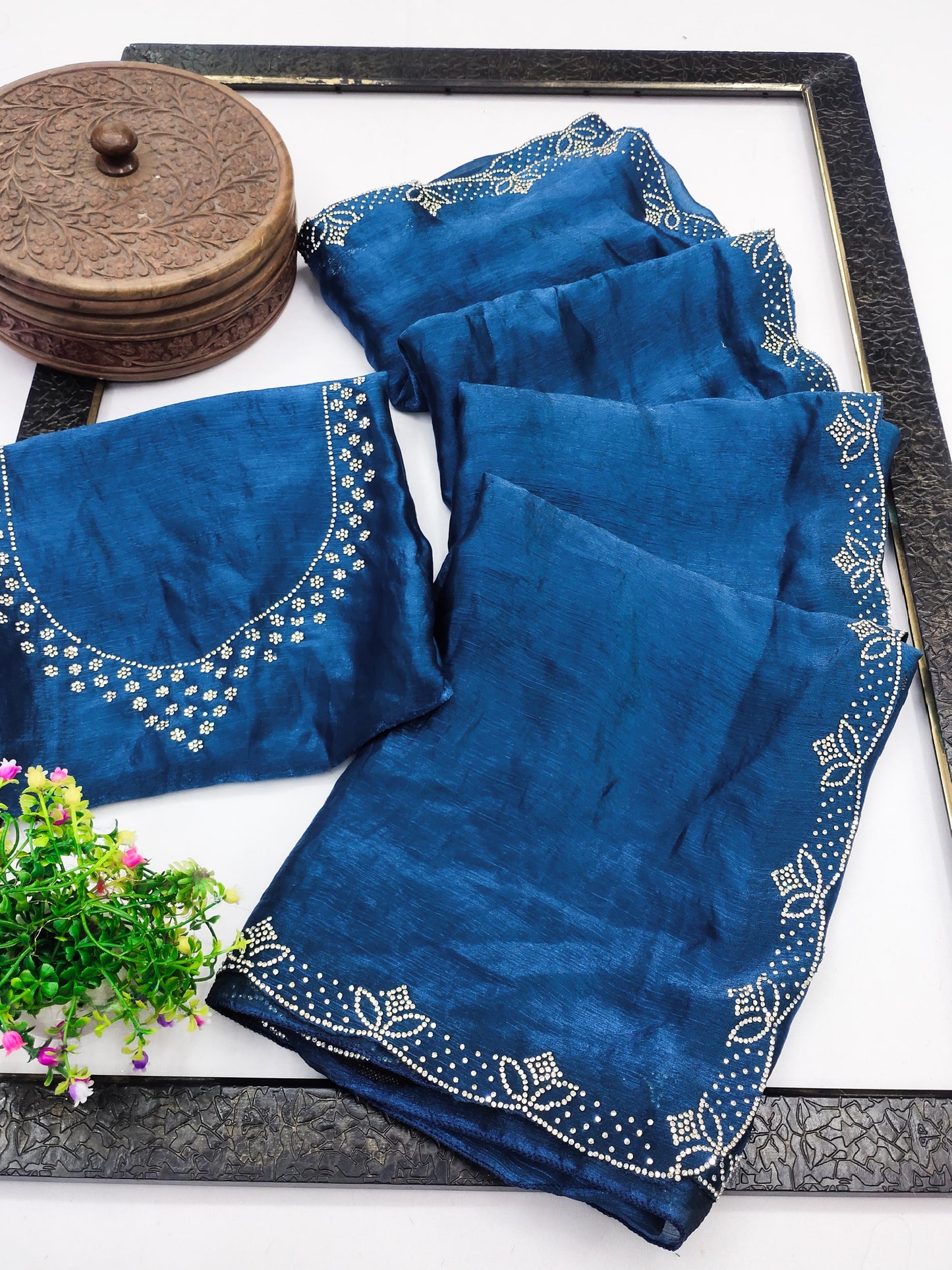 DF-TWINKAL FENDI CHIFFON SAREE WITH JARKAN WORK ALL OVER WITH HEAVY BLOUSE