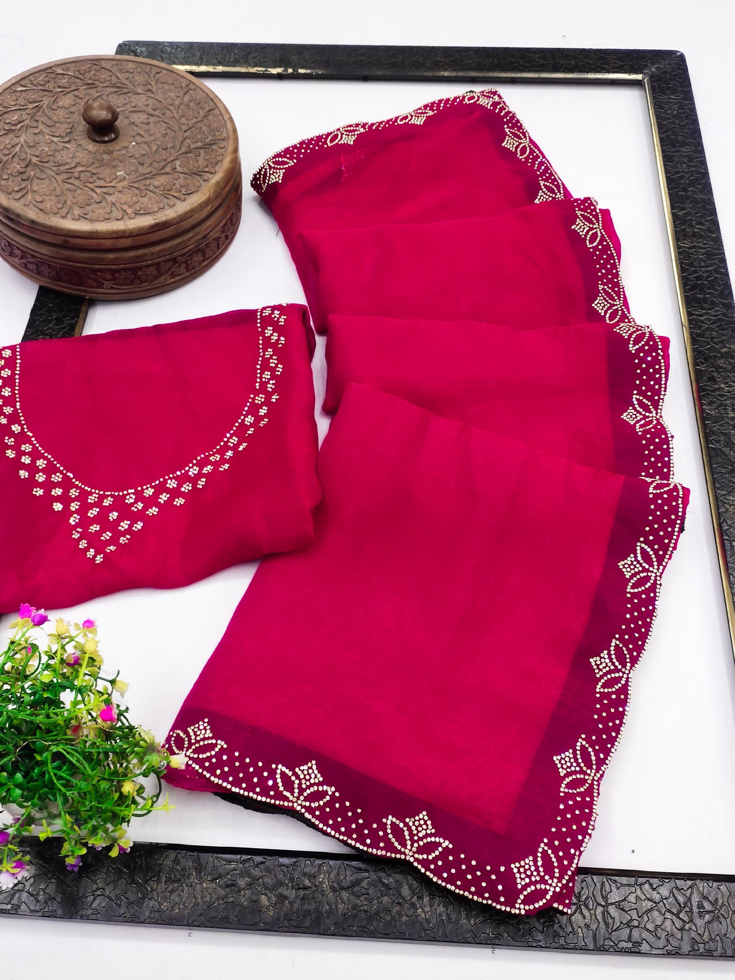 DF-TWINKAL FENDI CHIFFON SAREE WITH JARKAN WORK ALL OVER WITH HEAVY BLOUSE