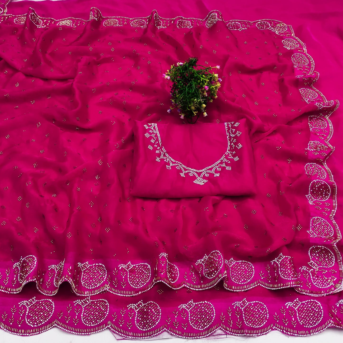 DF-CODE SPACE SILK SAREE WITH HEAVY HANDWORK AND JARKAN WORK MATKA DESIGN WITH DMC WORK ON BODY WITH HEAVY BLOUSE
