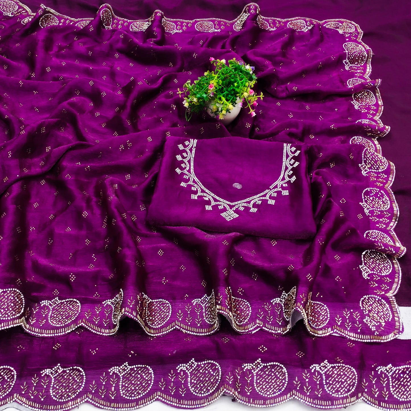 DF-CODE SPACE SILK SAREE WITH HEAVY HANDWORK AND JARKAN WORK MATKA DESIGN WITH DMC WORK ON BODY WITH HEAVY BLOUSE