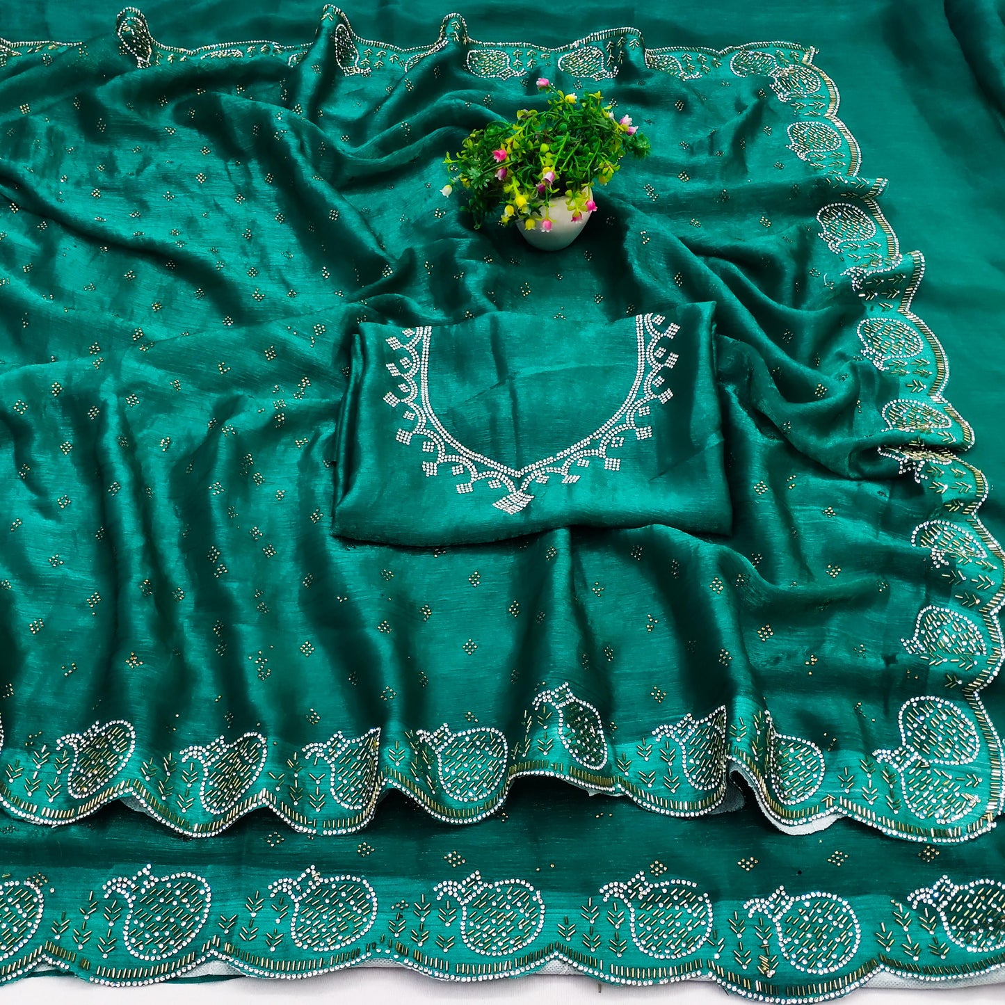 DF-CODE SPACE SILK SAREE WITH HEAVY HANDWORK AND JARKAN WORK MATKA DESIGN WITH DMC WORK ON BODY WITH HEAVY BLOUSE