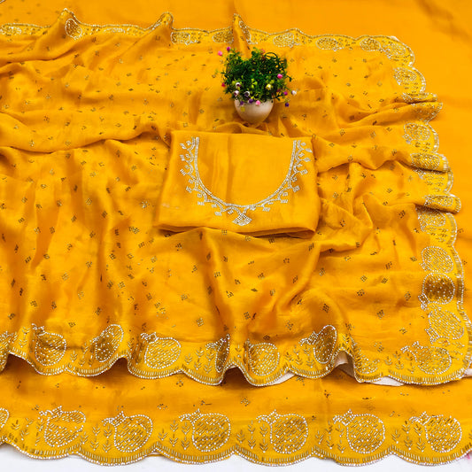 DF-CODE SPACE SILK SAREE WITH HEAVY HANDWORK AND JARKAN WORK MATKA DESIGN WITH DMC WORK ON BODY WITH HEAVY BLOUSE