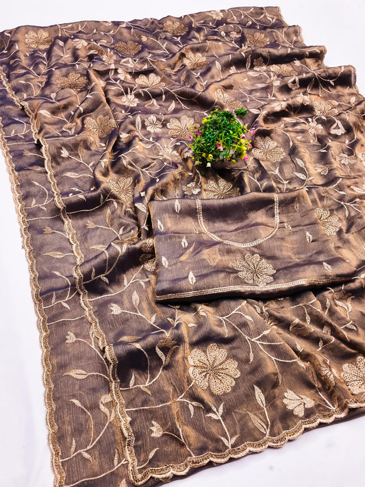 DF-VEERA FENDI GOLD SAREE WITH BEAUTIFUL EMBORIDERY WORK WITH CUTWORK DMC WORK  WITH HEAVY BLOUSE