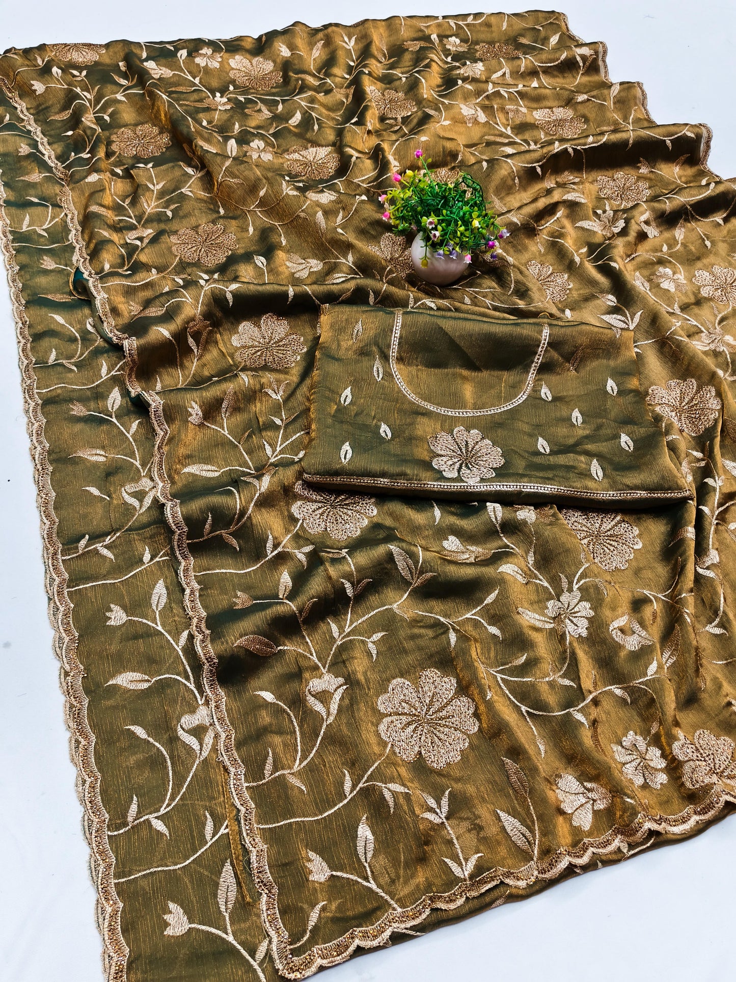 DF-VEERA FENDI GOLD SAREE WITH BEAUTIFUL EMBORIDERY WORK WITH CUTWORK DMC WORK  WITH HEAVY BLOUSE