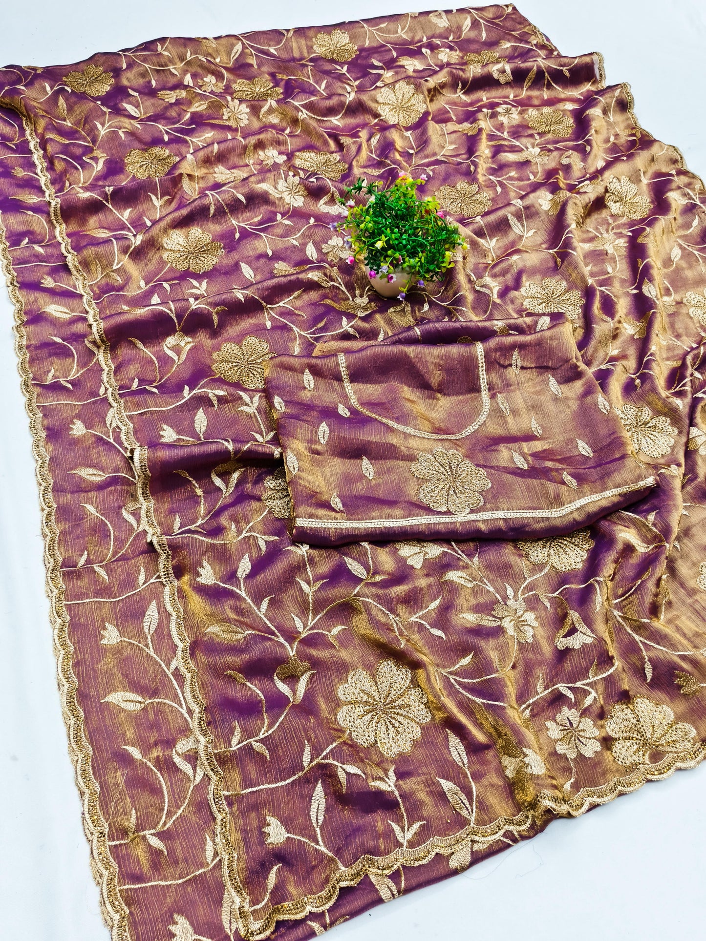 DF-VEERA FENDI GOLD SAREE WITH BEAUTIFUL EMBORIDERY WORK WITH CUTWORK DMC WORK  WITH HEAVY BLOUSE
