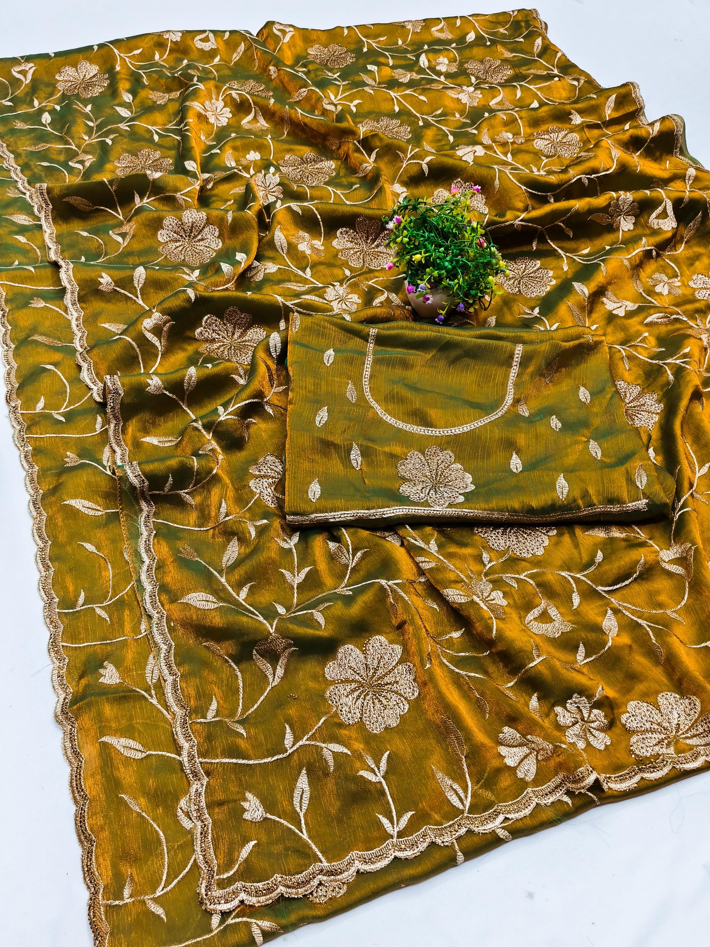 DF-VEERA FENDI GOLD SAREE WITH BEAUTIFUL EMBORIDERY WORK WITH CUTWORK DMC WORK  WITH HEAVY BLOUSE