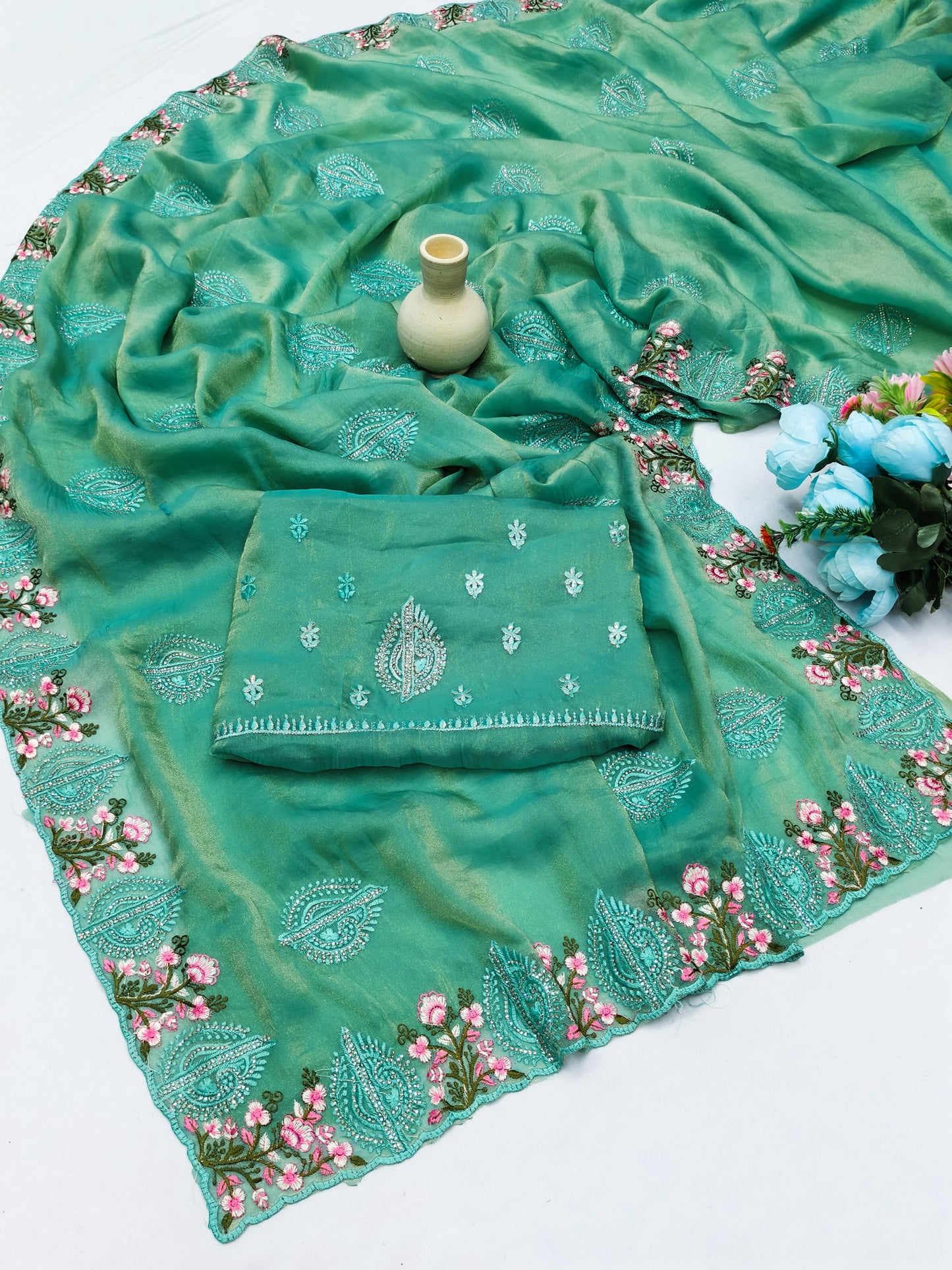 DF-SHRI LAXMI FANCY MOSS CHIFFON EITH ELEGANT THREAD WORK WITH DMC SWAROSKI WORK WITH HEAVY BLOUSE