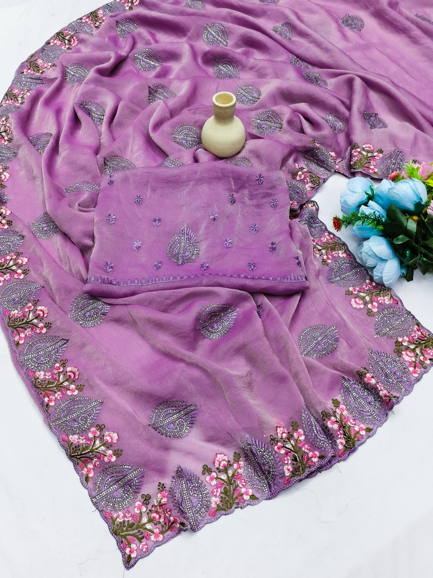 DF-SHRI LAXMI FANCY MOSS CHIFFON EITH ELEGANT THREAD WORK WITH DMC SWAROSKI WORK WITH HEAVY BLOUSE