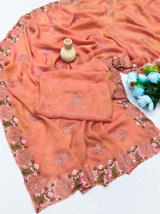DF-SHRI LAXMI FANCY MOSS CHIFFON EITH ELEGANT THREAD WORK WITH DMC SWAROSKI WORK WITH HEAVY BLOUSE