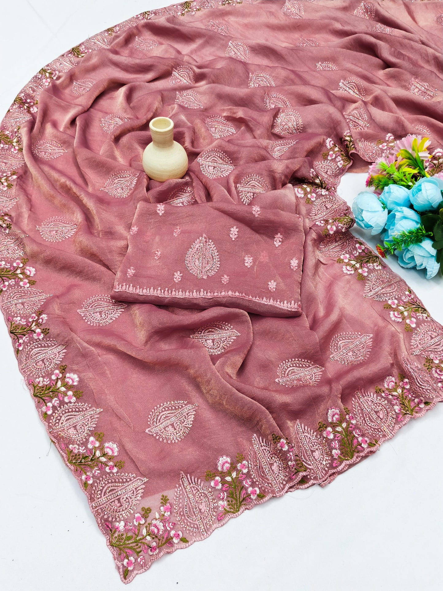 DF-SHRI LAXMI FANCY MOSS CHIFFON EITH ELEGANT THREAD WORK WITH DMC SWAROSKI WORK WITH HEAVY BLOUSE