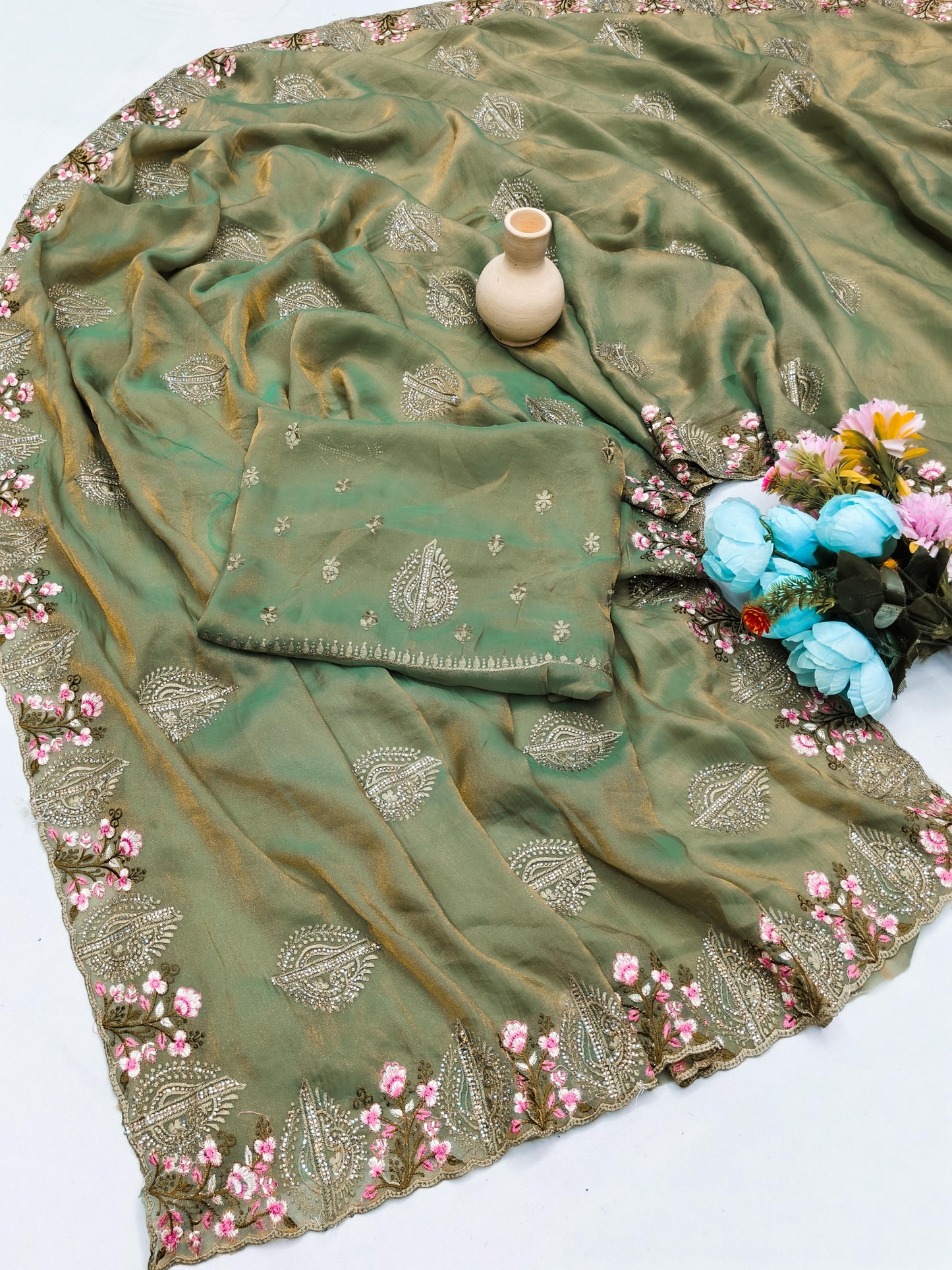 DF-SHRI LAXMI FANCY MOSS CHIFFON EITH ELEGANT THREAD WORK WITH DMC SWAROSKI WORK WITH HEAVY BLOUSE