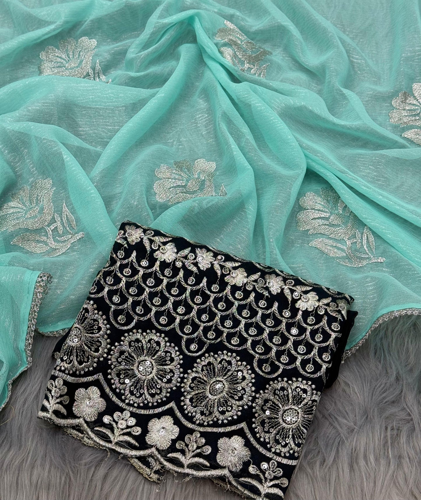 NN-2031 GEORGETTE FABRIC WITH COTED SAREE WITH RICH EMBROIDERY WORK ALL OVER SAREE WITH BEAUTIFUL LACE BORDER WITH CONTRAST SEQUENCE WORK BLOUSE
