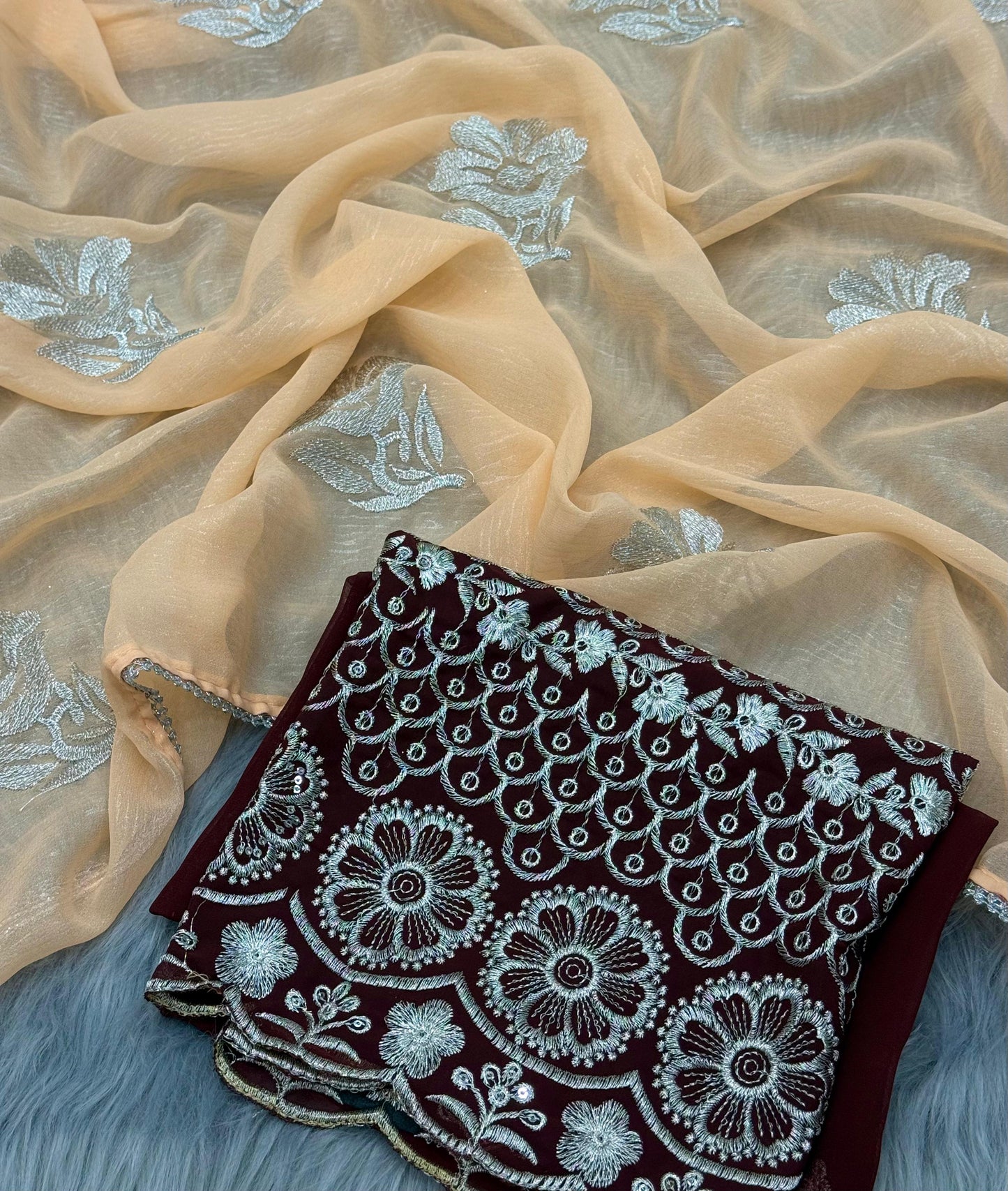 NN-2031 GEORGETTE FABRIC WITH COTED SAREE WITH RICH EMBROIDERY WORK ALL OVER SAREE WITH BEAUTIFUL LACE BORDER WITH CONTRAST SEQUENCE WORK BLOUSE