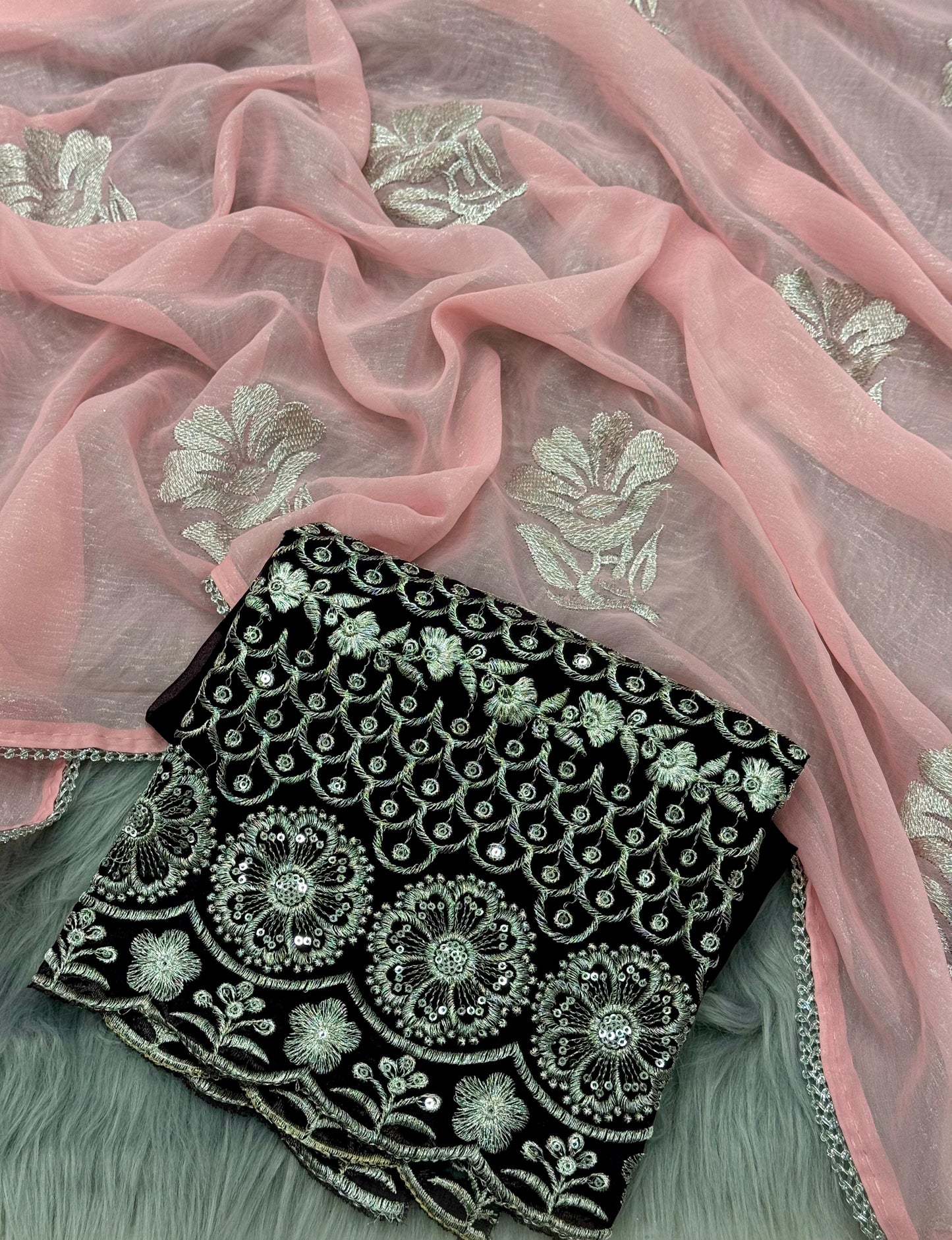 NN-2031 GEORGETTE FABRIC WITH COTED SAREE WITH RICH EMBROIDERY WORK ALL OVER SAREE WITH BEAUTIFUL LACE BORDER WITH CONTRAST SEQUENCE WORK BLOUSE