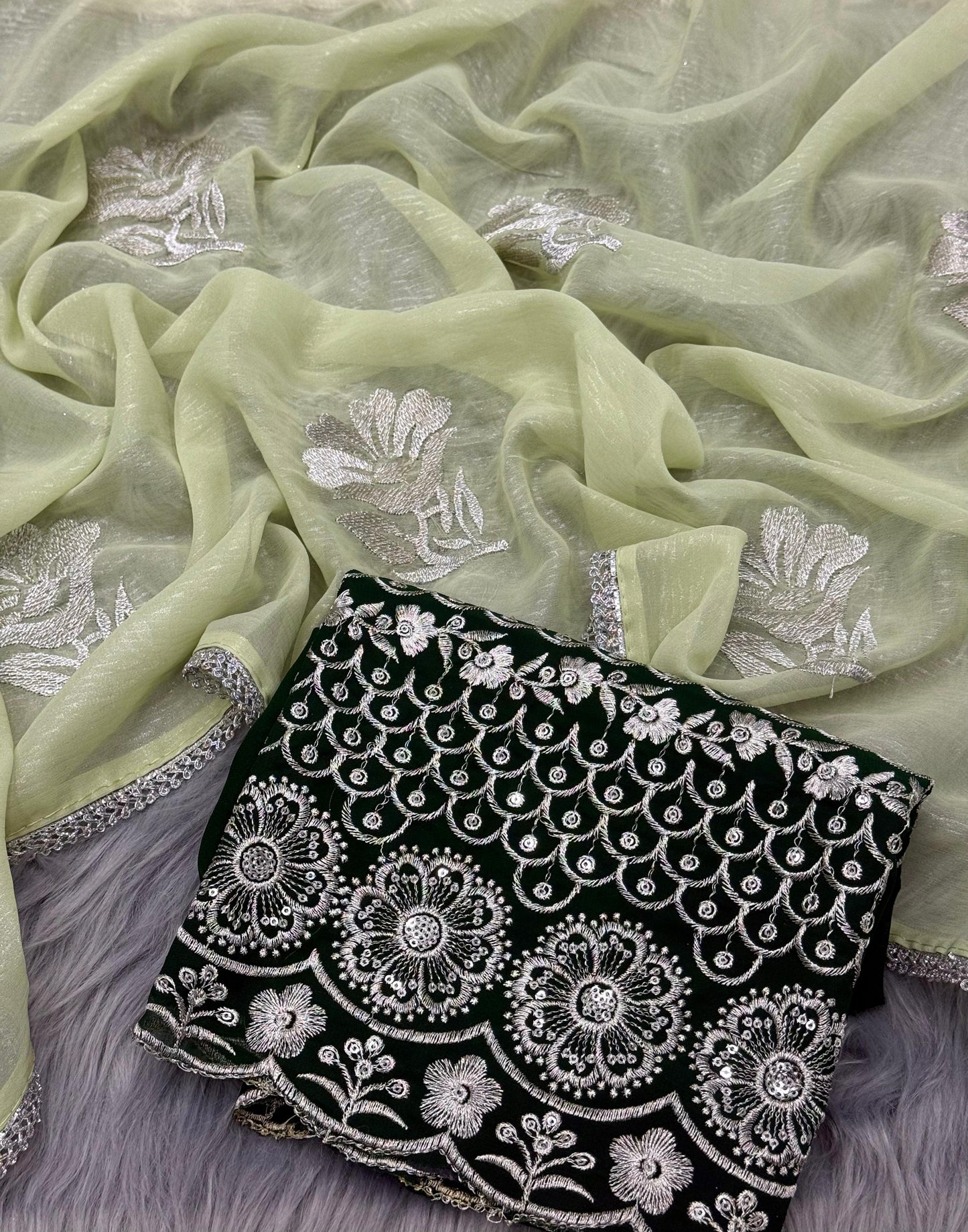 NN-2031 GEORGETTE FABRIC WITH COTED SAREE WITH RICH EMBROIDERY WORK ALL OVER SAREE WITH BEAUTIFUL LACE BORDER WITH CONTRAST SEQUENCE WORK BLOUSE