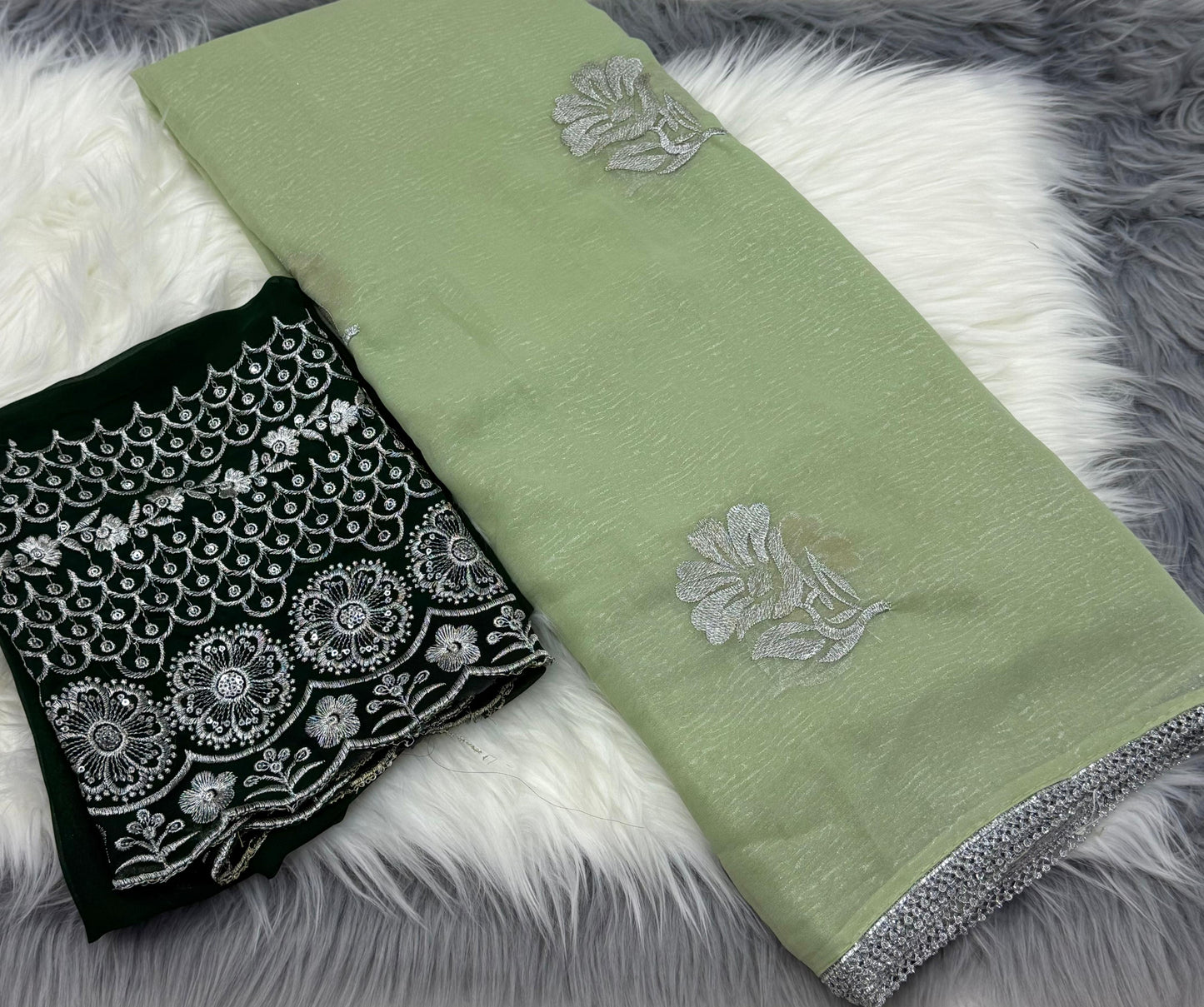 NN-2031 GEORGETTE FABRIC WITH COTED SAREE WITH RICH EMBROIDERY WORK ALL OVER SAREE WITH BEAUTIFUL LACE BORDER WITH CONTRAST SEQUENCE WORK BLOUSE