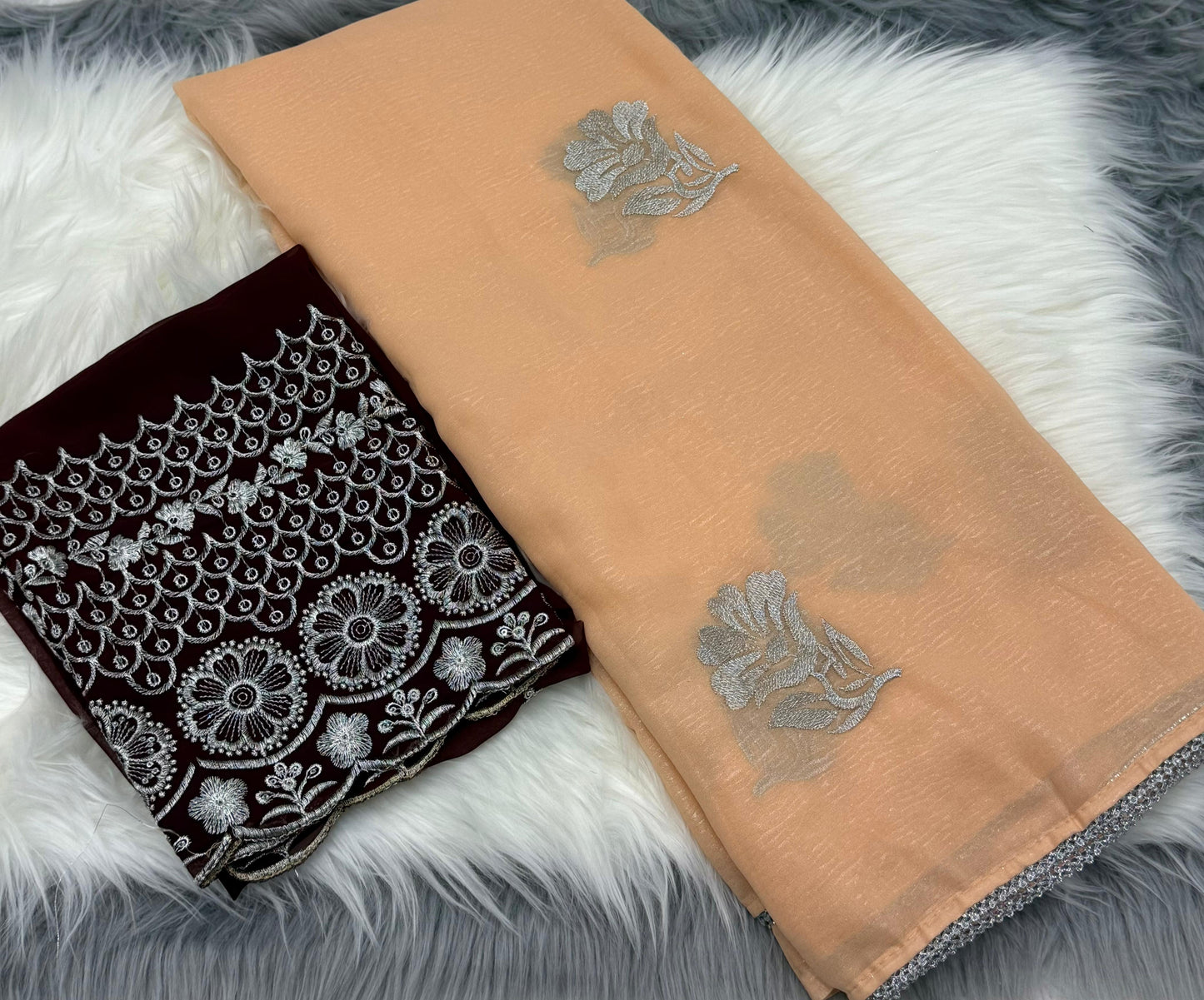 NN-2031 GEORGETTE FABRIC WITH COTED SAREE WITH RICH EMBROIDERY WORK ALL OVER SAREE WITH BEAUTIFUL LACE BORDER WITH CONTRAST SEQUENCE WORK BLOUSE