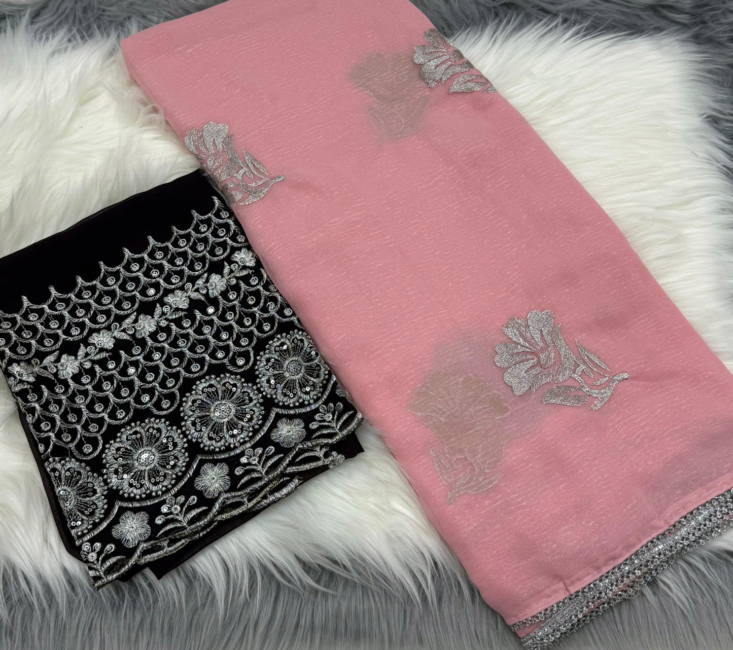 NN-2031 GEORGETTE FABRIC WITH COTED SAREE WITH RICH EMBROIDERY WORK ALL OVER SAREE WITH BEAUTIFUL LACE BORDER WITH CONTRAST SEQUENCE WORK BLOUSE